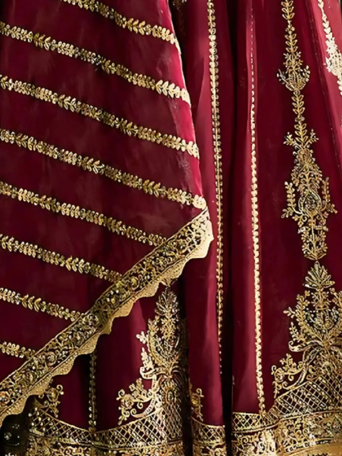 Odette Maroon Silk Blend Embroidered Semi-Stitched Lehenga For Women - Image 5