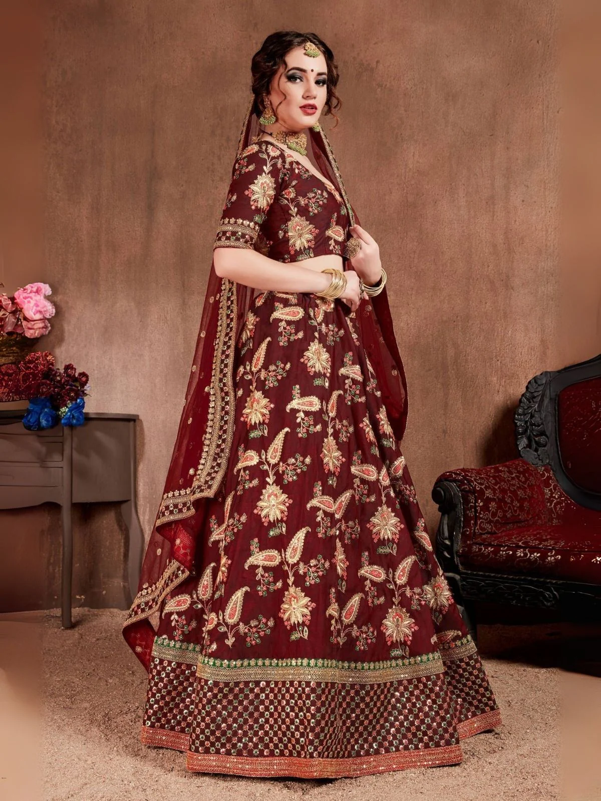 Odette Maroon Silk Blend Embroidered Semi-Stitched lehenga For Women - Image 2