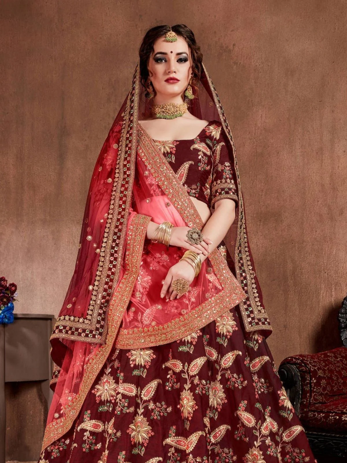Odette Maroon Silk Blend Embroidered Semi-Stitched lehenga For Women - Image 3