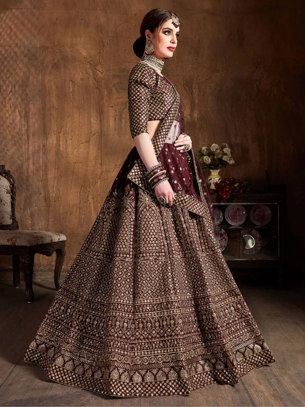 Odette Maroon Silk Blend Embroidered Semi-Stitched lehenga For Women - Image 2