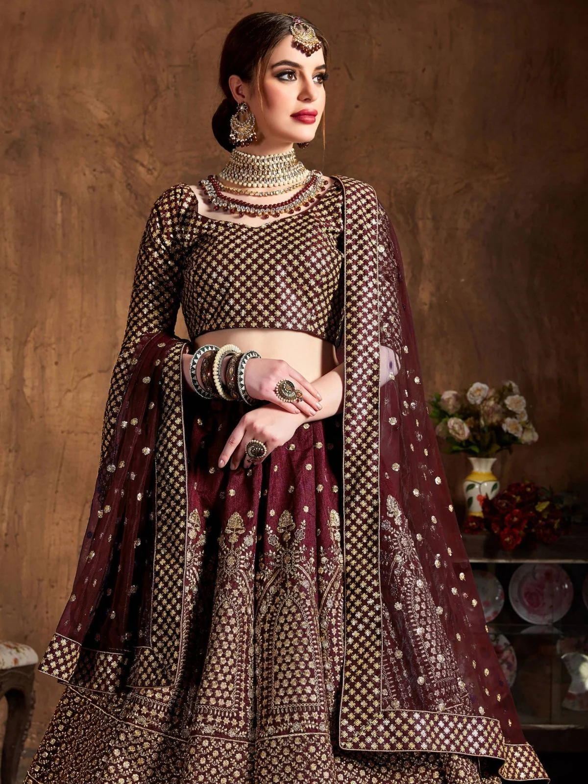 Odette Maroon Silk Blend Embroidered Semi-Stitched lehenga For Women - Image 5