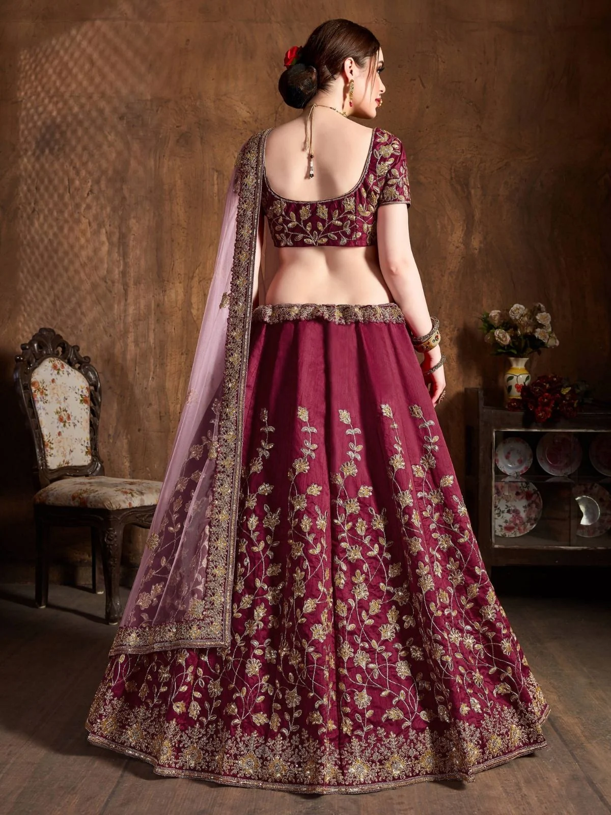 Odette Maroon Silk Blend Embroidered Semi Stitched Lehenga With Blouse For Women - Image 3