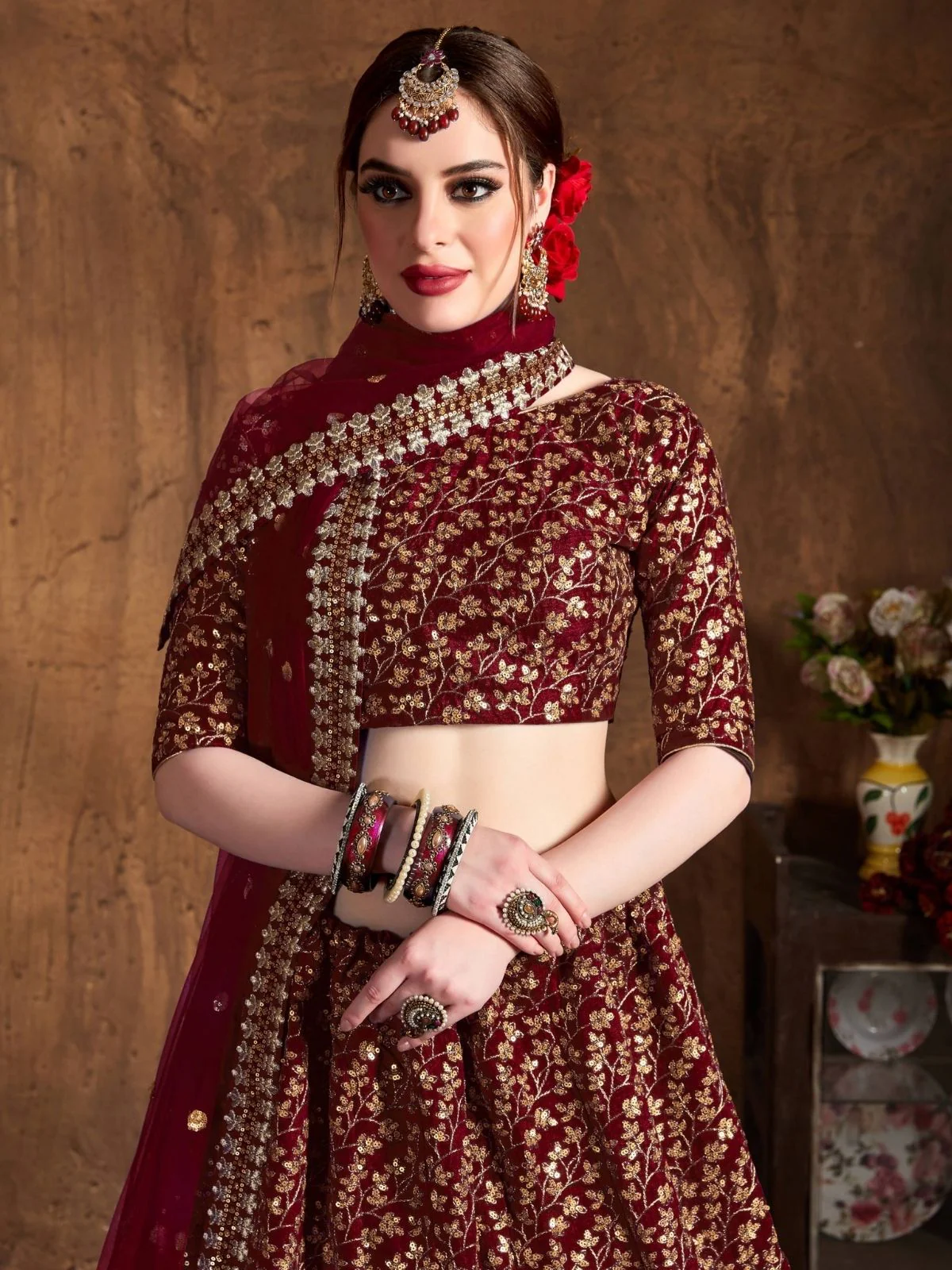 Odette Maroon Silk Blend Embroidered Semi Stitched Lehenga With Blouse For Women - Image 4