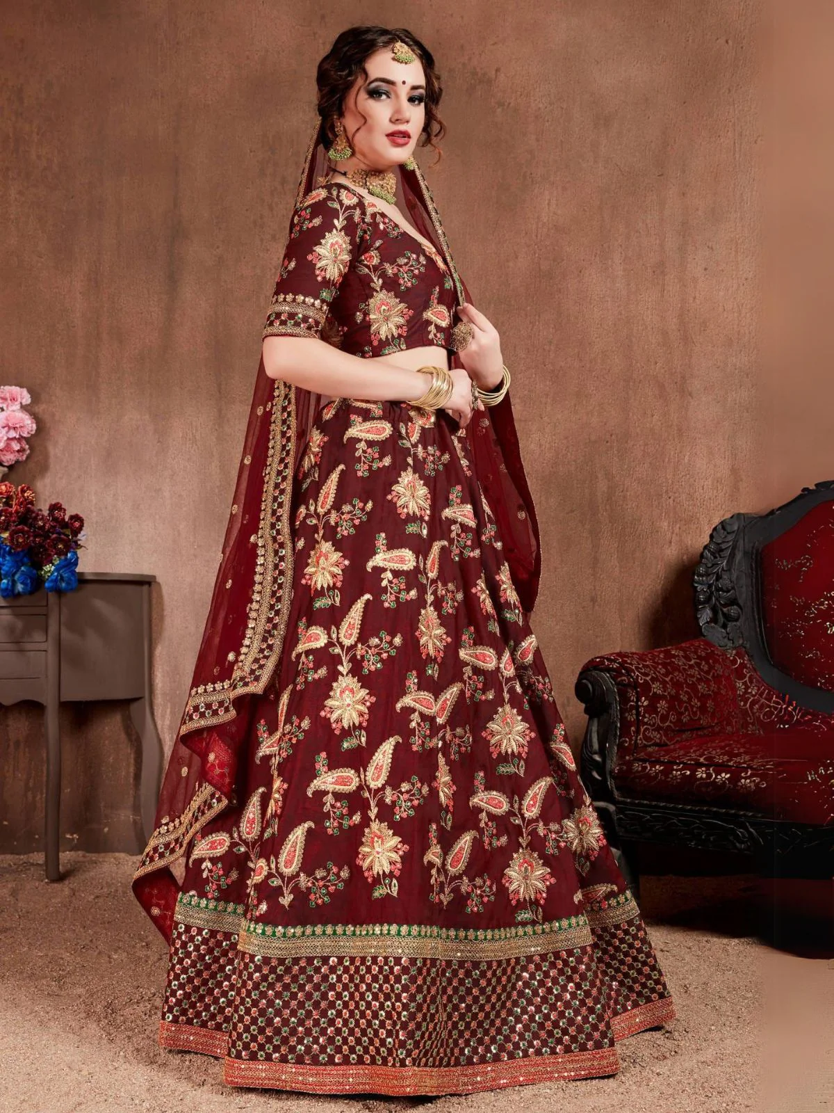 Odette Maroon Silk Blend Embroidered Semi Stitched Lehenga With Blouse For Women - Image 2