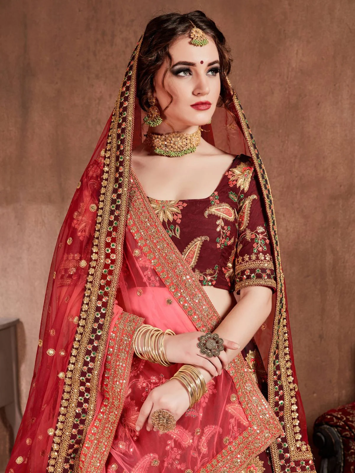 Odette Maroon Silk Blend Embroidered Semi Stitched Lehenga With Blouse For Women - Image 4