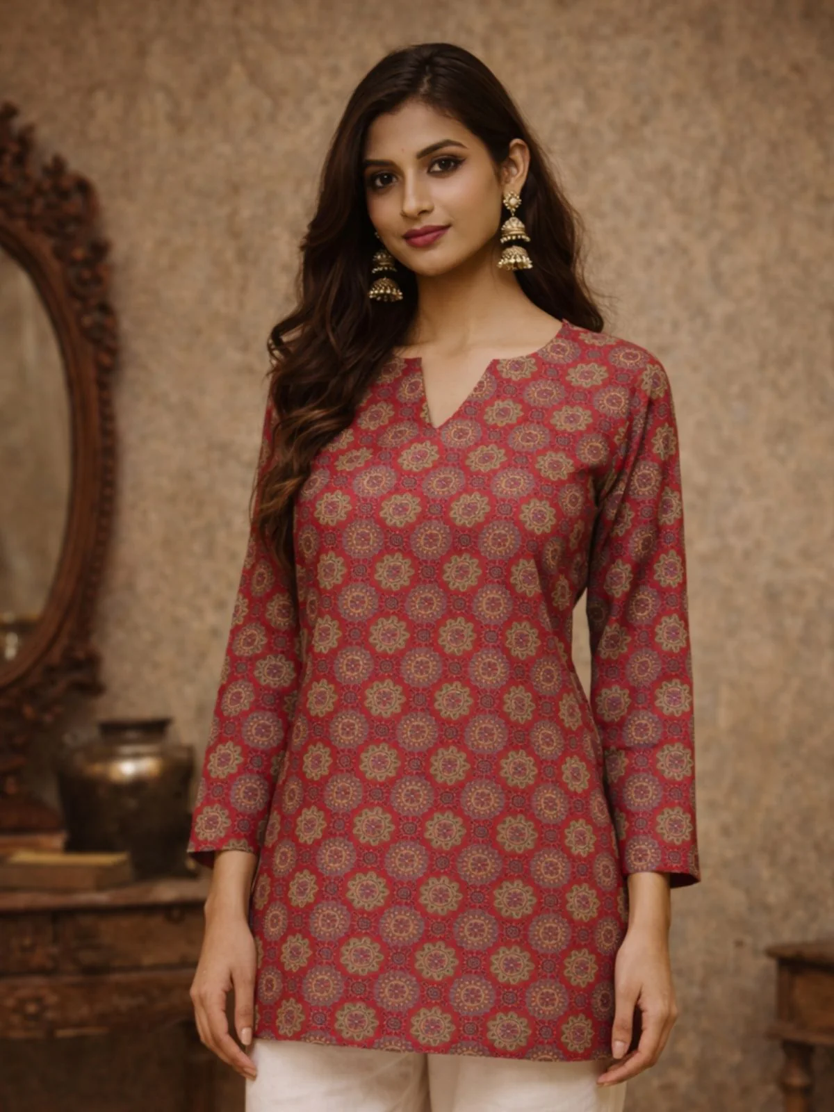 Odette Maroon Silk Blend Printed Solid Kurti For Women - Image 4