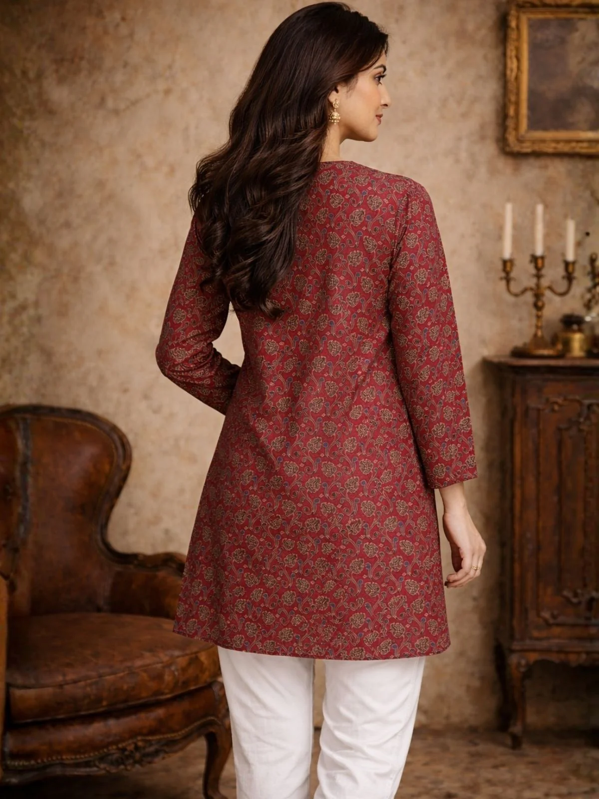 Odette Maroon Silk Blend Printed Solid Kurti For Women - Image 2