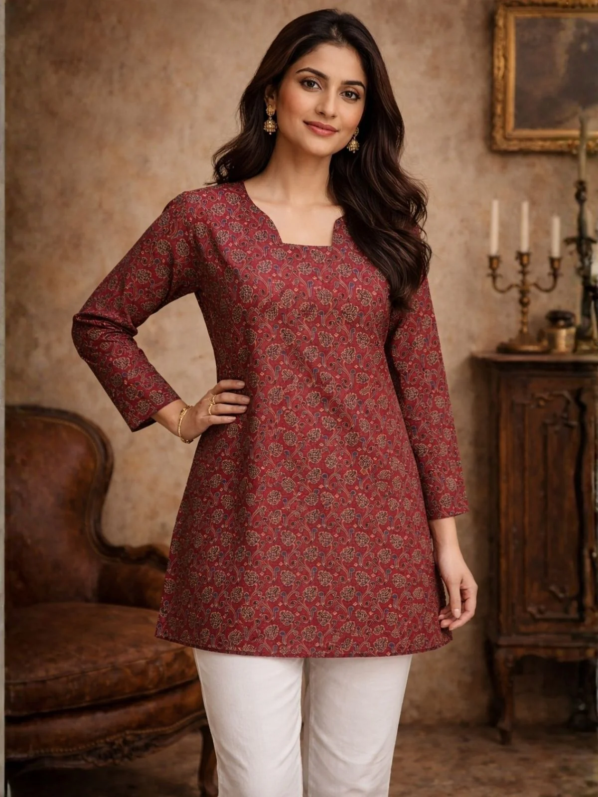 Odette Maroon Silk Blend Printed Solid Kurti For Women - Image 4