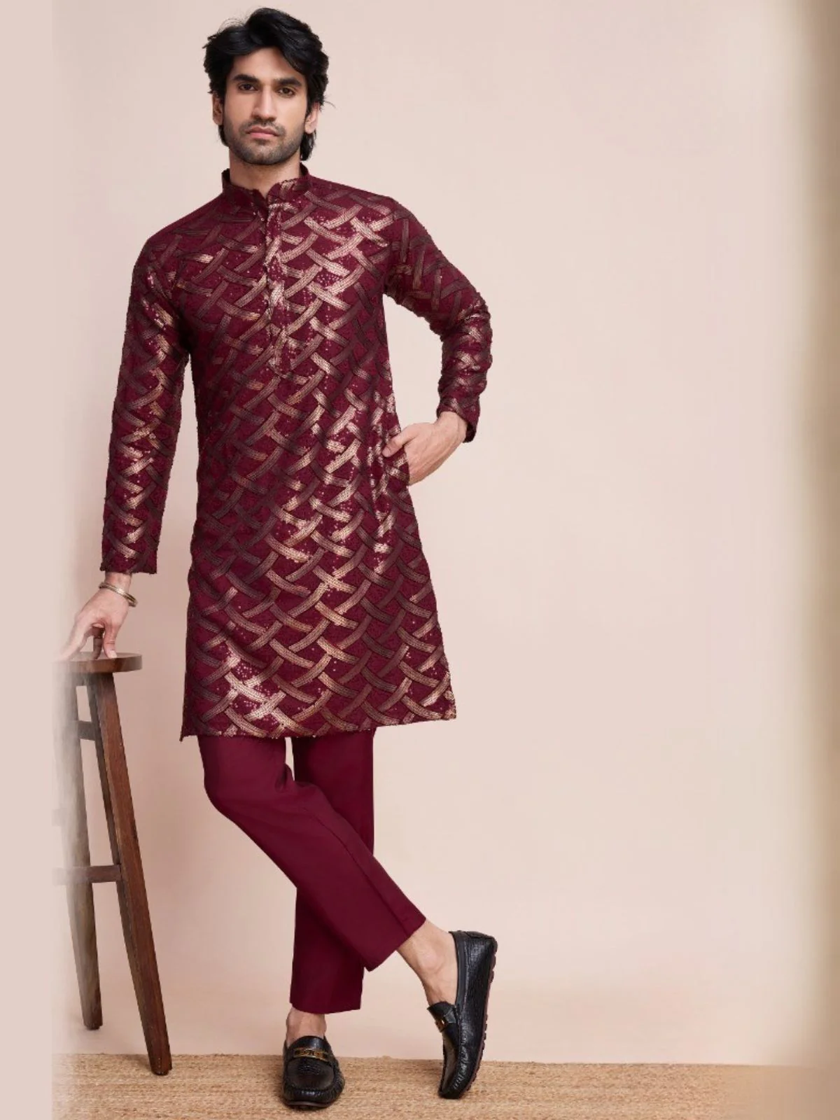 Odette Maroon Silk Blend Sequins Stitched  Kurta For Men - Image 2