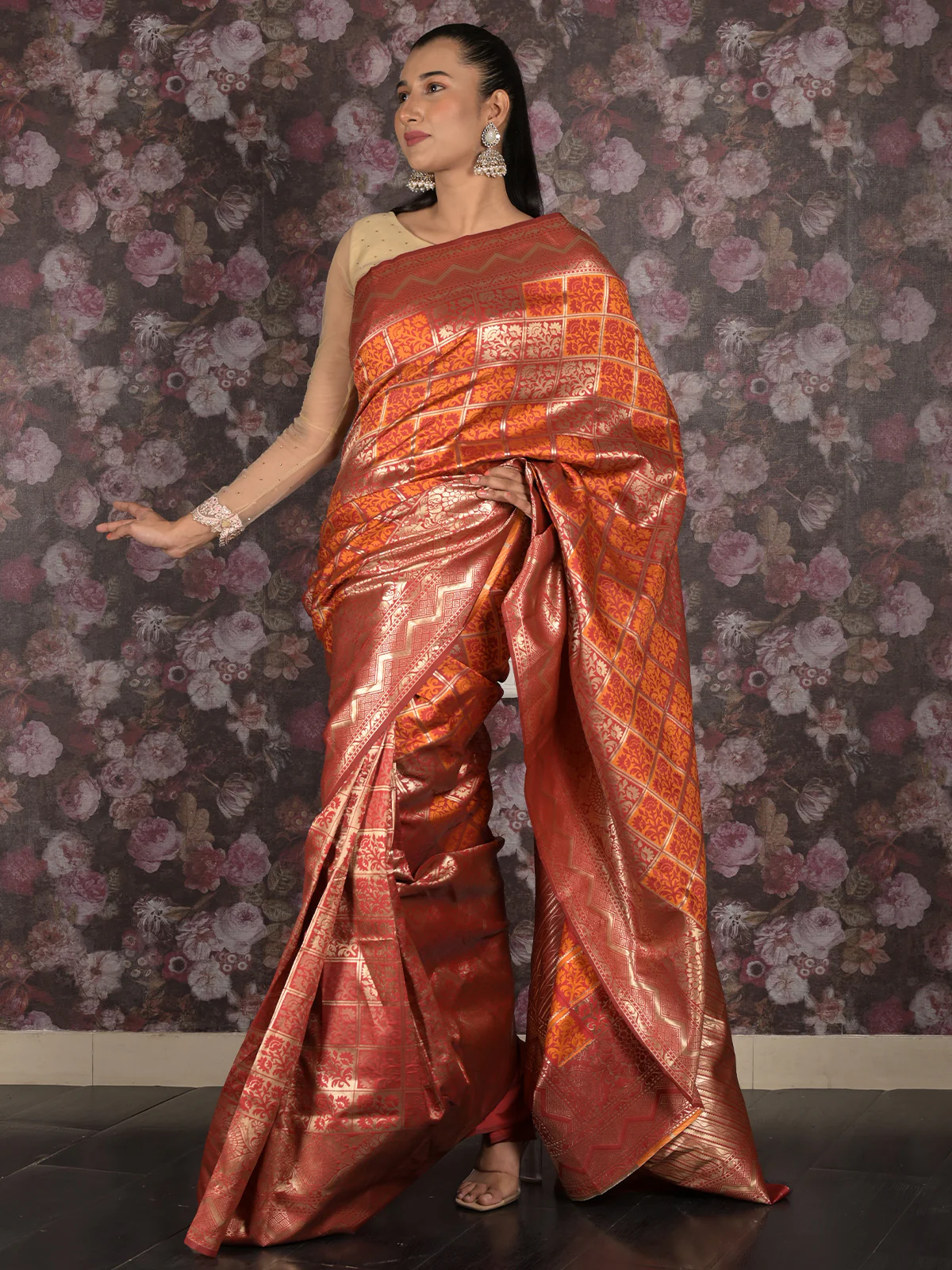 Odette Maroon Silk Blend Woven Saree with Unstitched Blouse for Women - Image 3