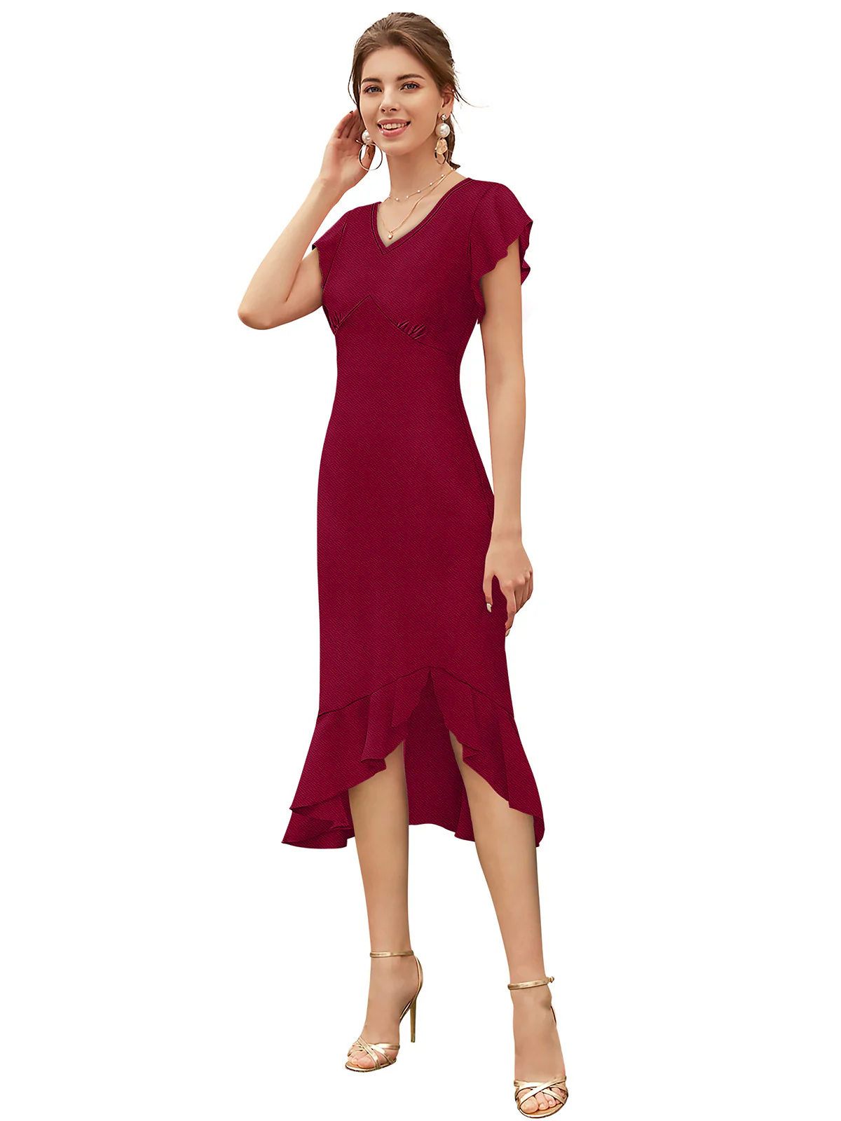 Odette Maroon Knit Fabric Dress For Women - Image 3