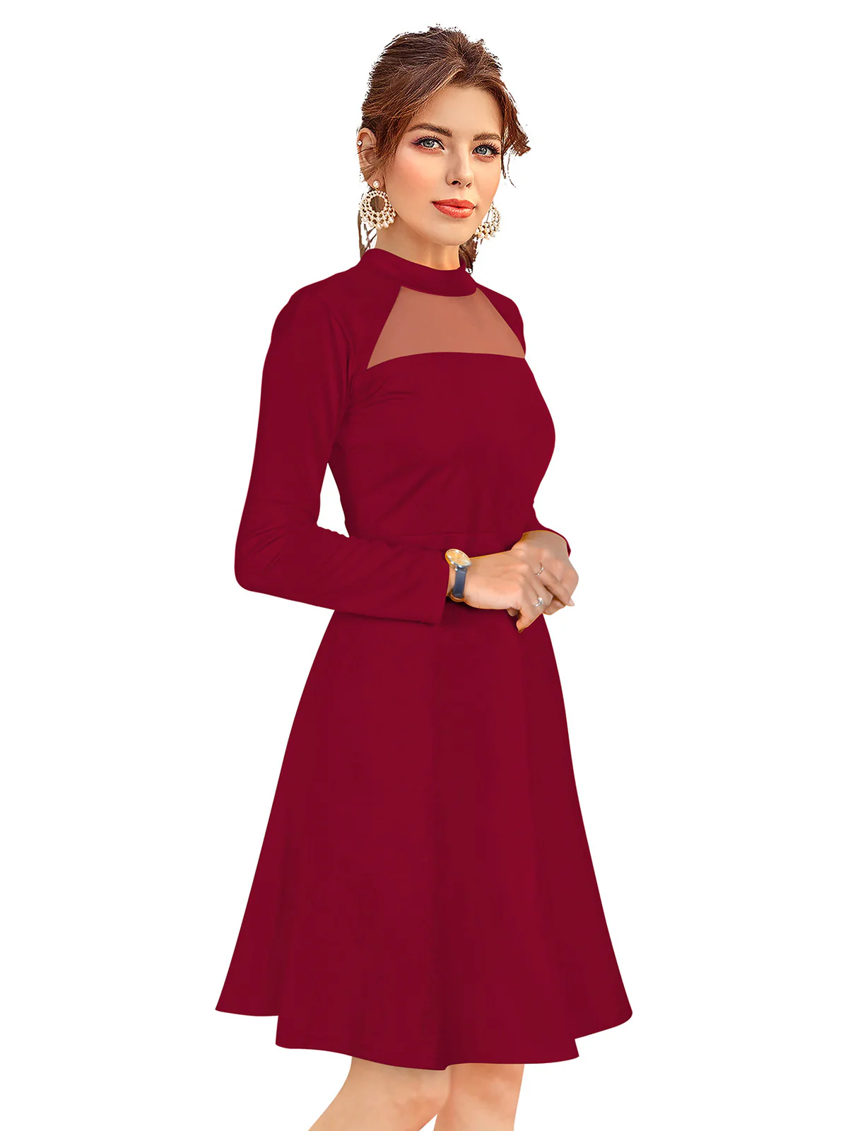 Odette Maroon Skater Knit Fabric Dress For Women - Image 2