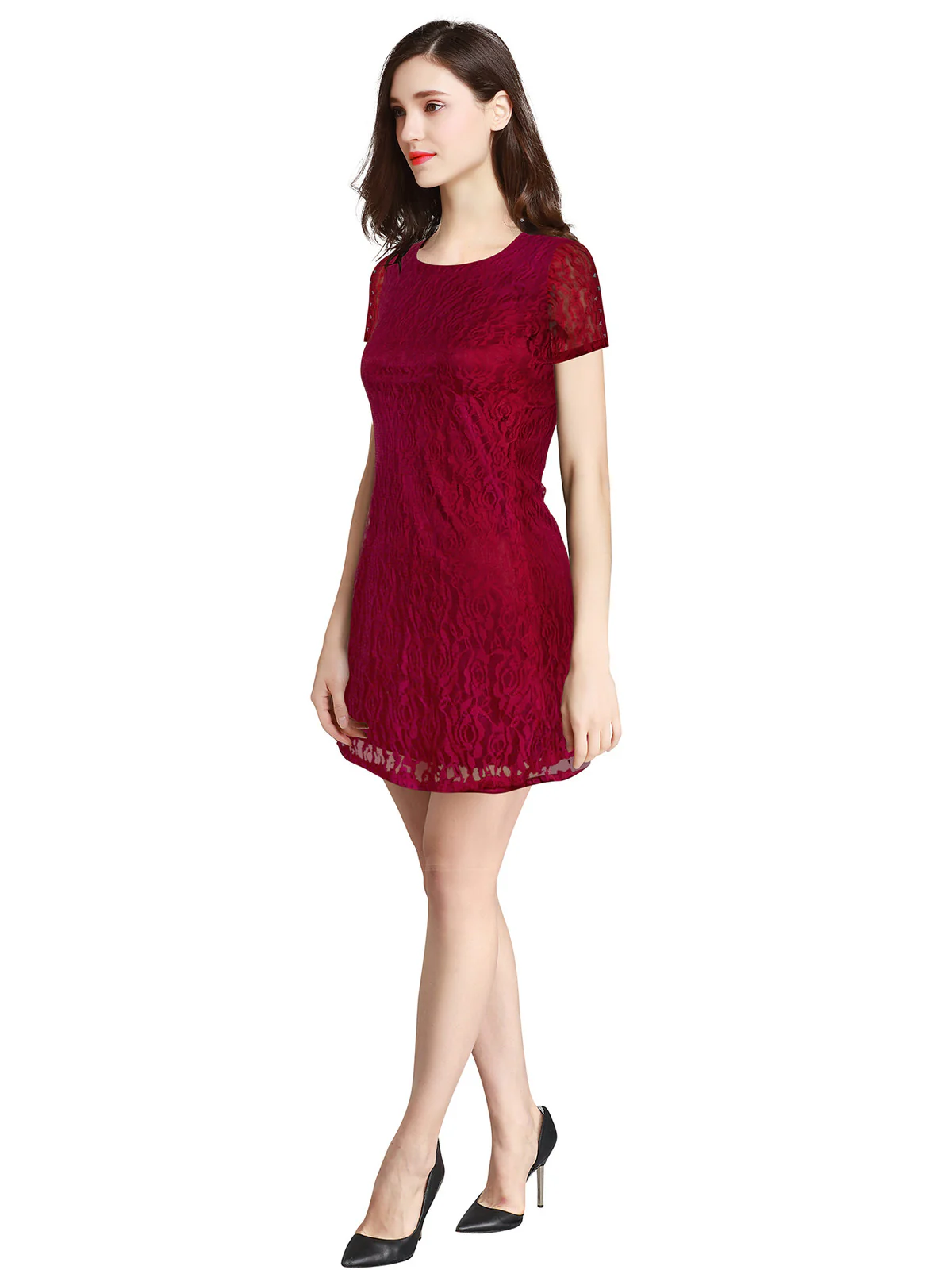 Odette Maroon Net Dress For Women - Image 3
