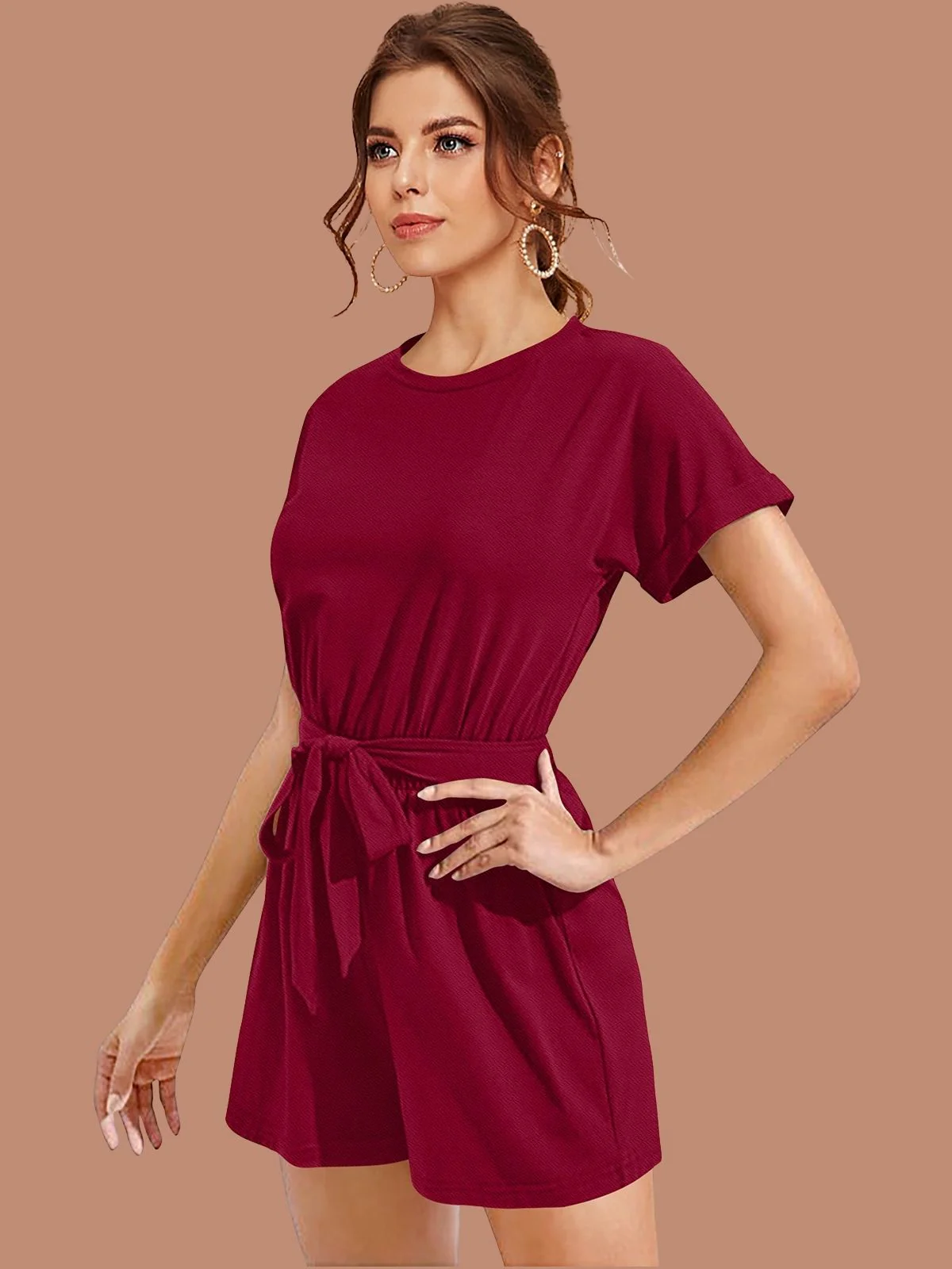 Odette Maroon Solid Jumpsuits For Women - Image 2