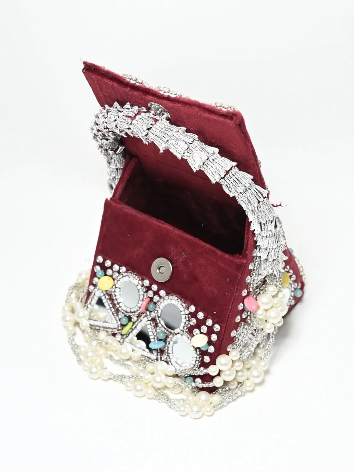 Odette Maroon Suede Embellished Clutch For Women - Image 7