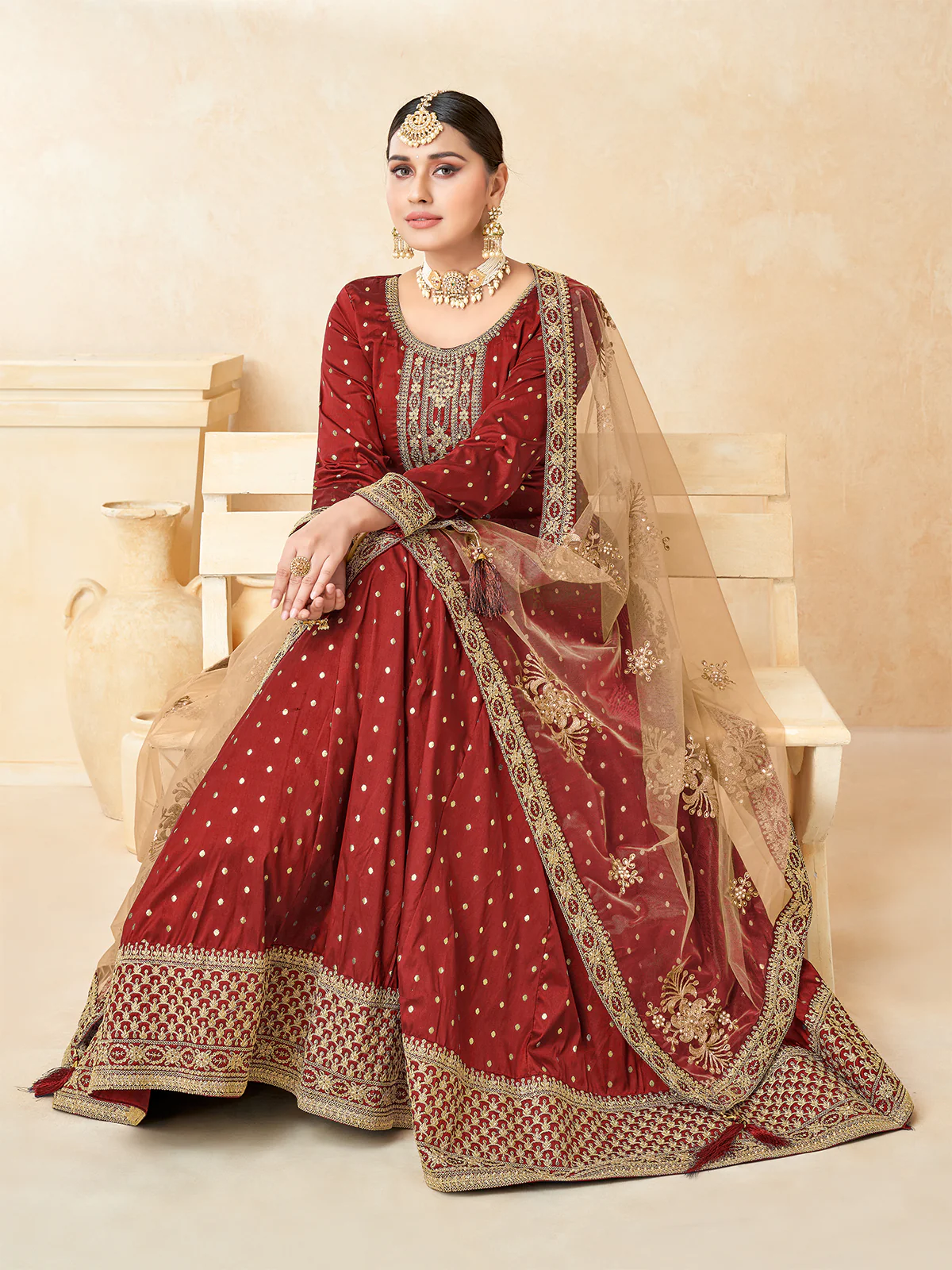 Odette Maroon Tafeta Embroidered Semi stitched Kurta Set For Women - Image 2