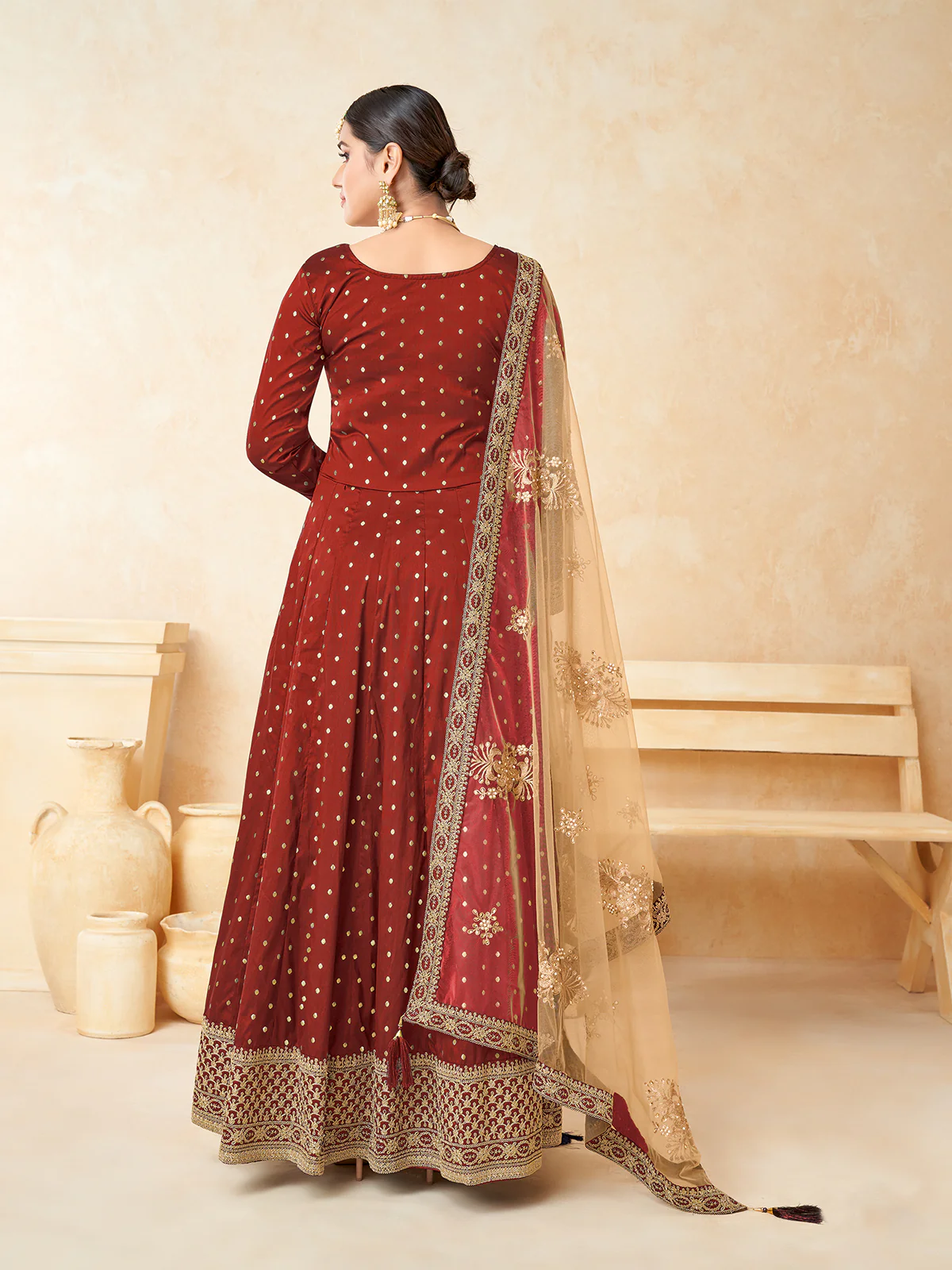 Odette Maroon Tafeta Embroidered Semi stitched Kurta Set For Women - Image 3