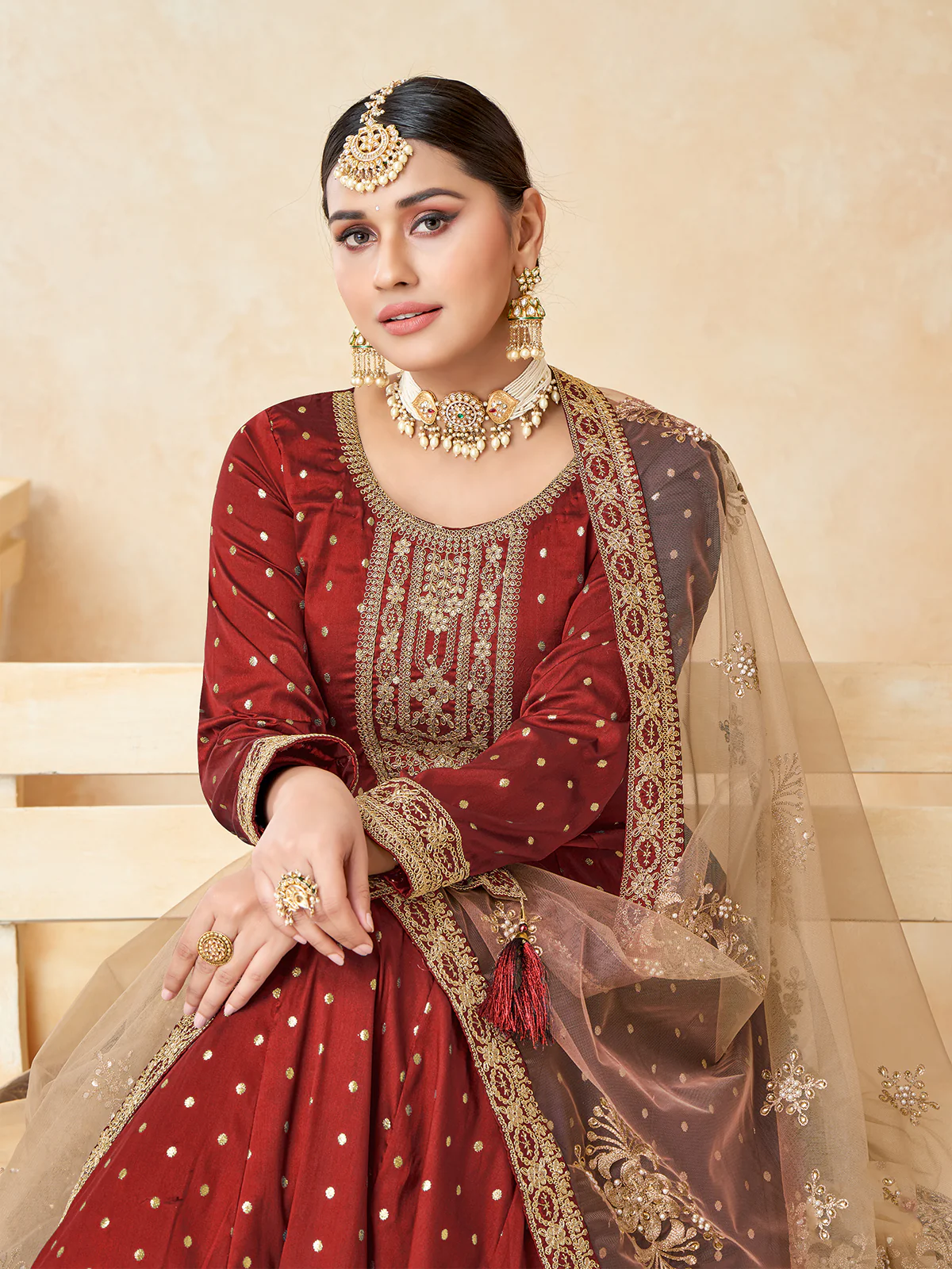 Odette Maroon Tafeta Embroidered Semi stitched Kurta Set For Women - Image 4