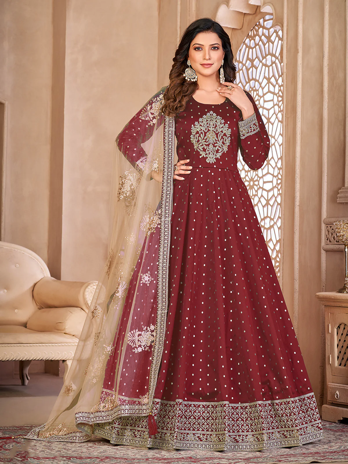 Odette Maroon Tafeta Embroidered Semi stitched Kurta Set For Women