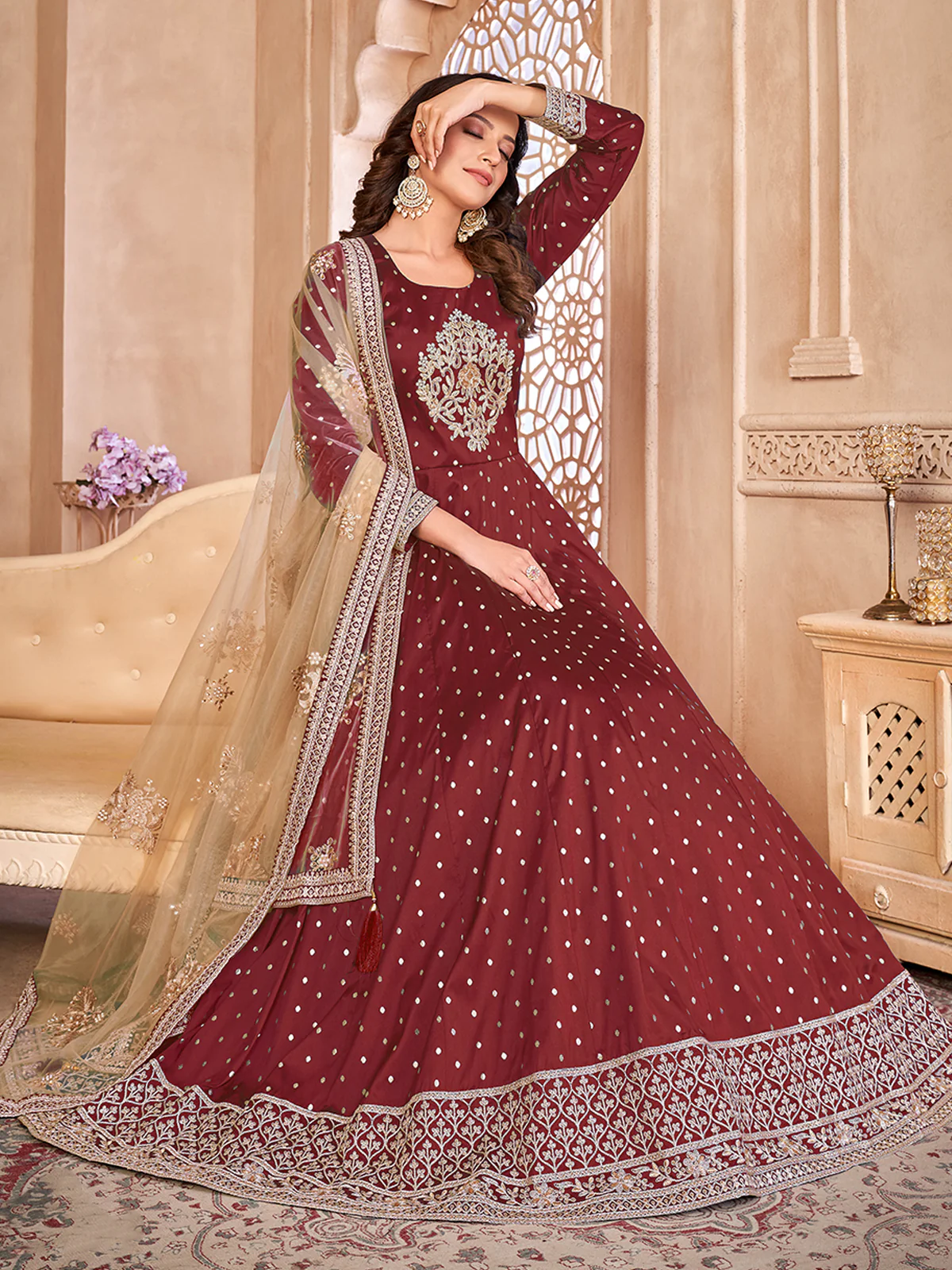 Odette Maroon Tafeta Embroidered Semi stitched Kurta Set For Women - Image 2