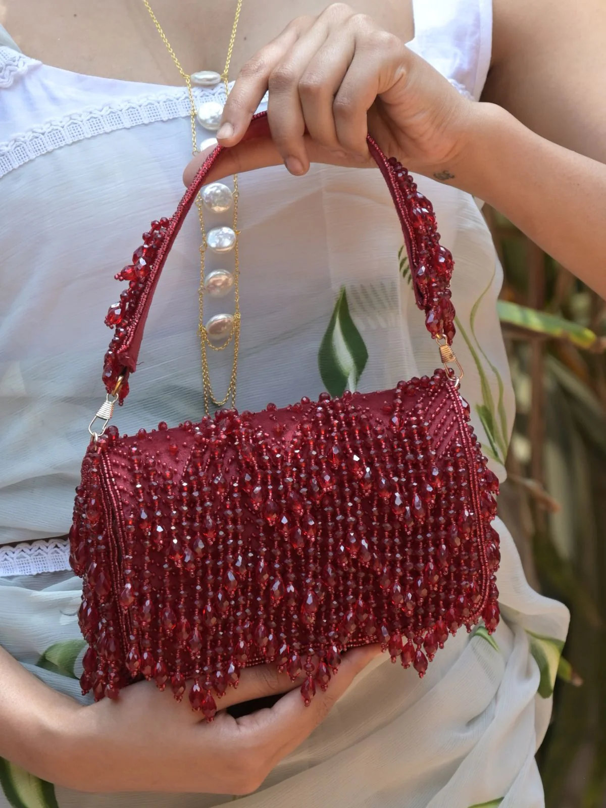 Odette Maroon Tassels Embellished Clutch Bag For Women - Image 2