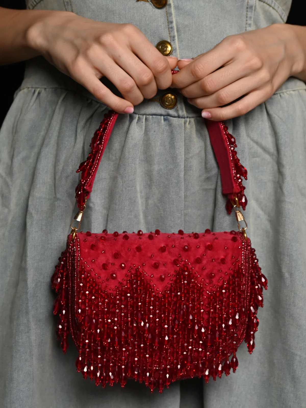 Odette Maroon Tassels Embellished Clutch For Women - Image 2