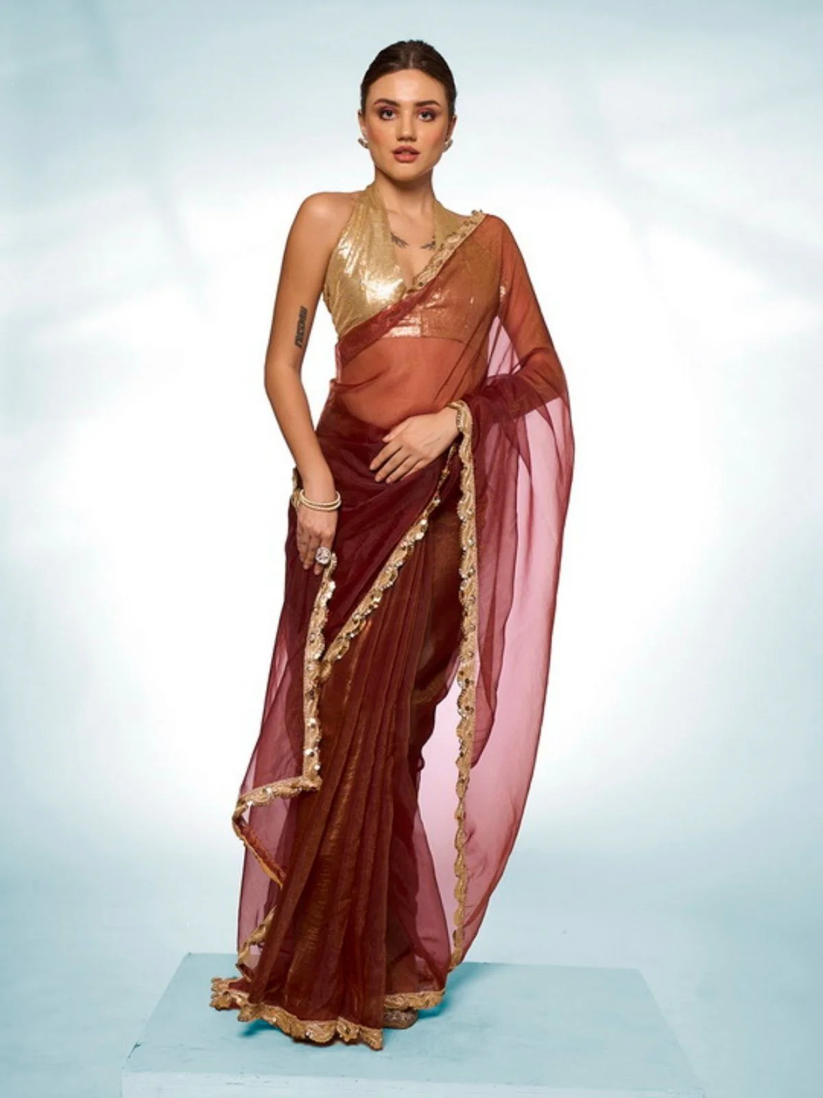 Odette Maroon Tissue Lace Work Saree With Unstitched Blouse For Women - Image 2