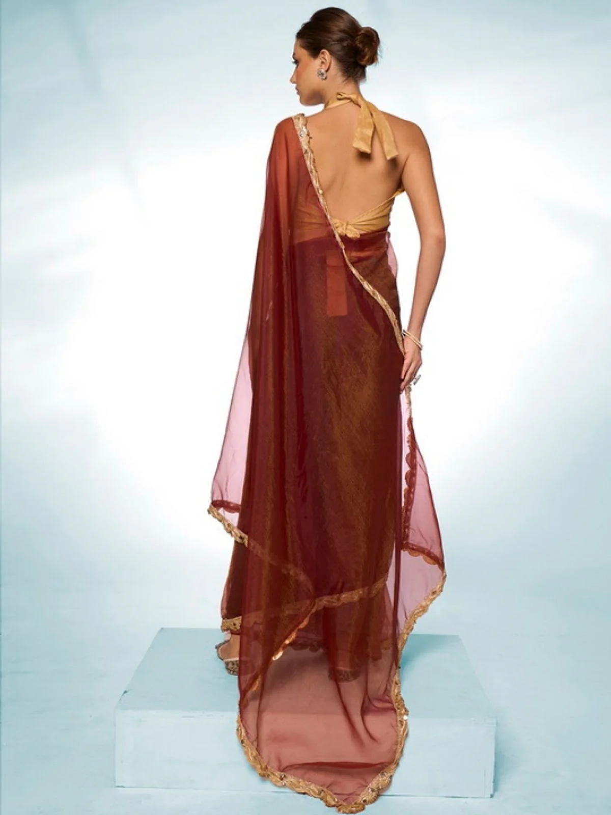 Odette Maroon Tissue Lace Work Saree With Unstitched Blouse For Women - Image 5