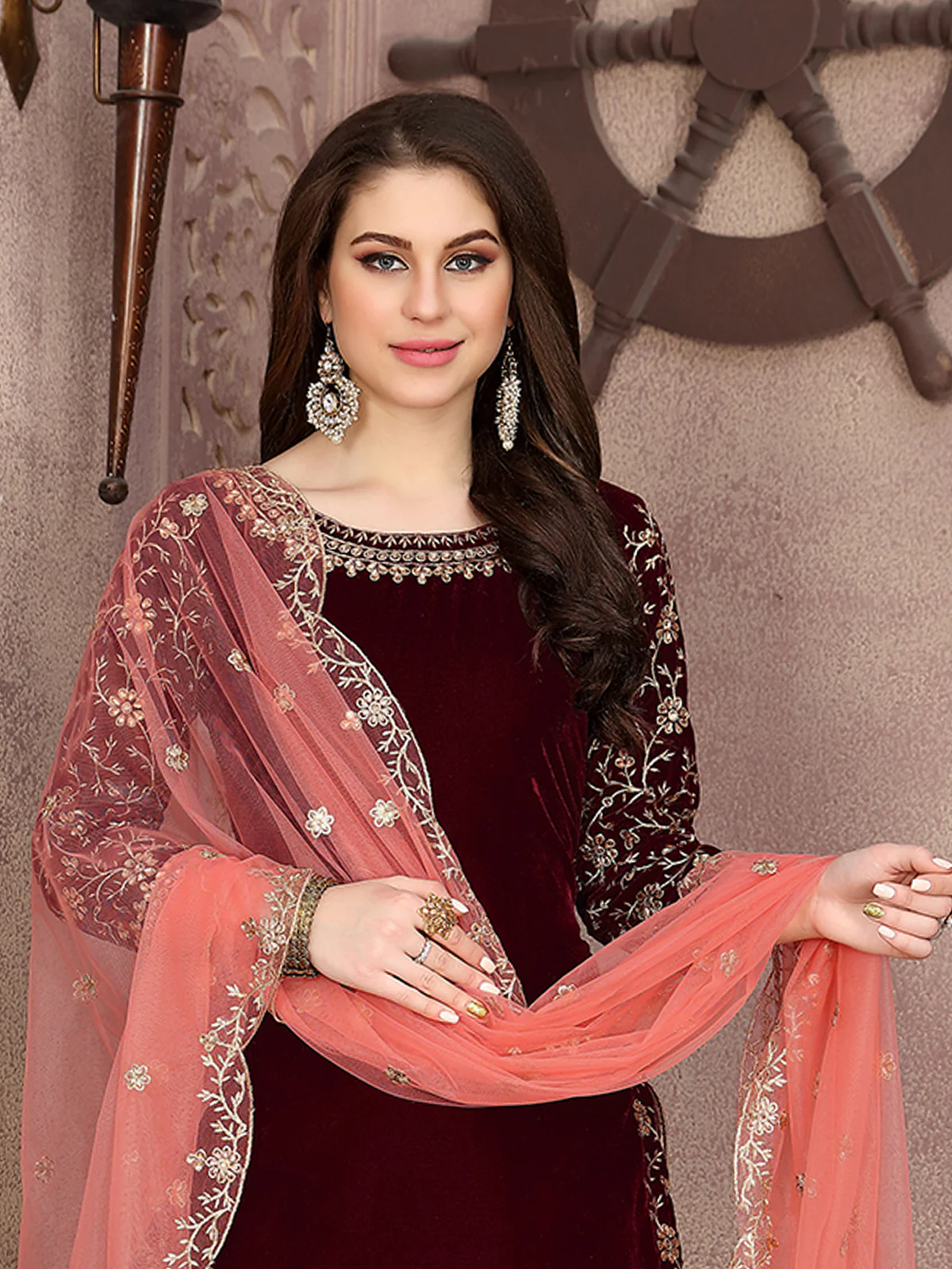Odette Maroon Velvet Embroidered Semi stitched Kurta Set For Women - Image 3