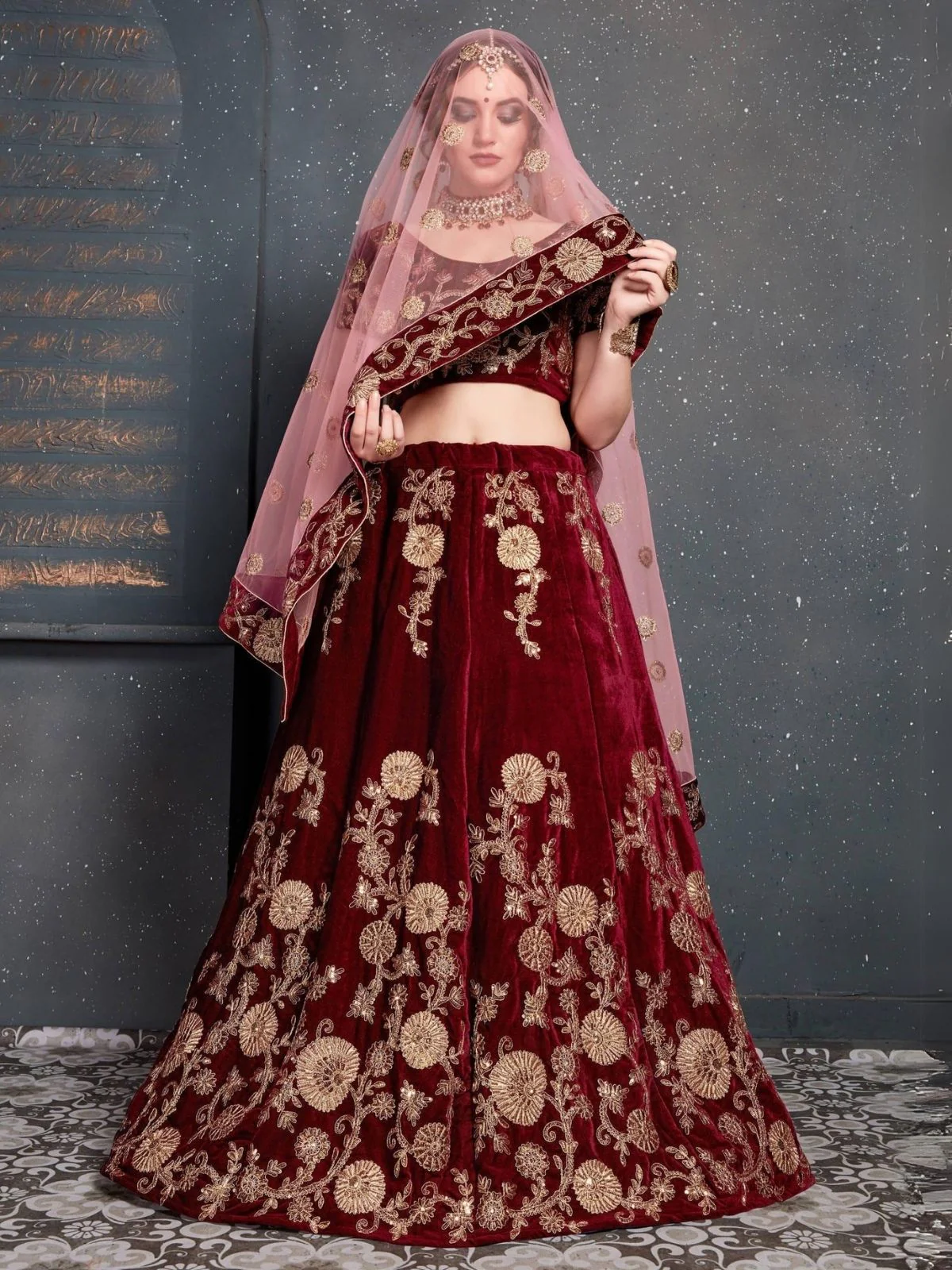 Odette Maroon Velvet Embroidered Semi Stitched Lehenga With Blouse For Women - Image 2