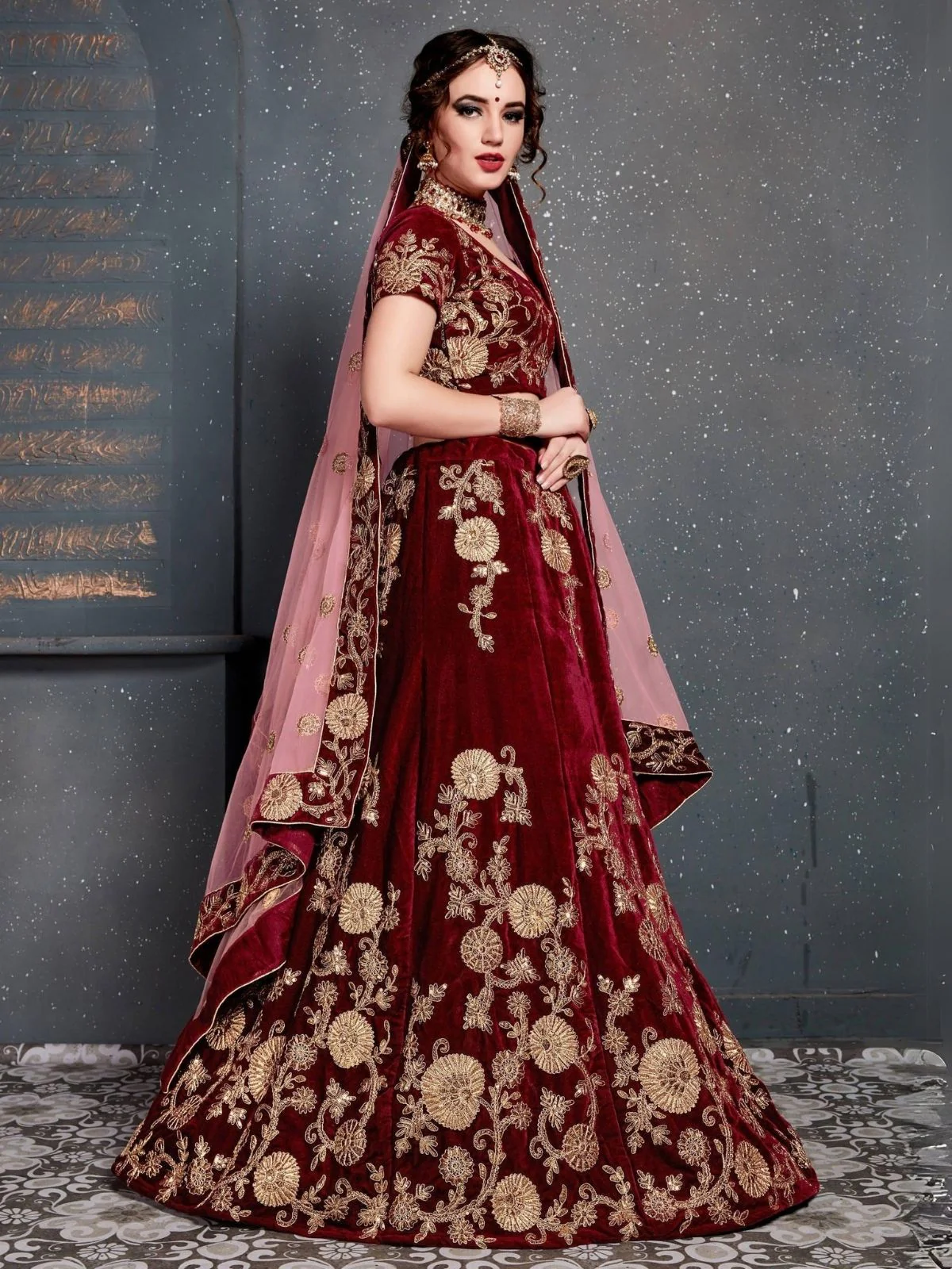 Odette Maroon Velvet Embroidered Semi Stitched Lehenga With Blouse For Women - Image 3