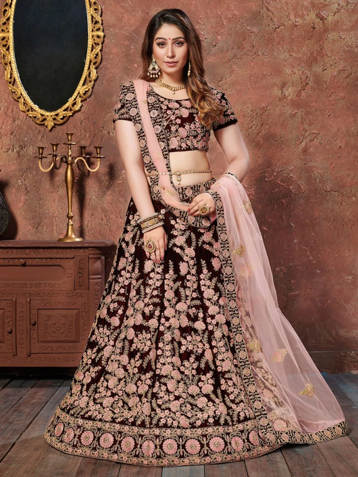 Odette Maroon Velvet Embroidered Semi Stitched Lehenga With Blouse For Women