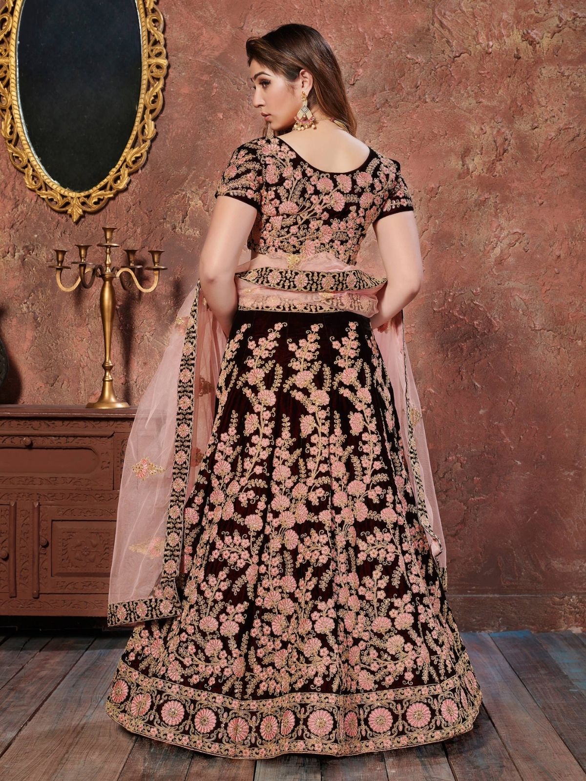 Odette Maroon Velvet Embroidered Semi Stitched Lehenga With Blouse For Women - Image 4