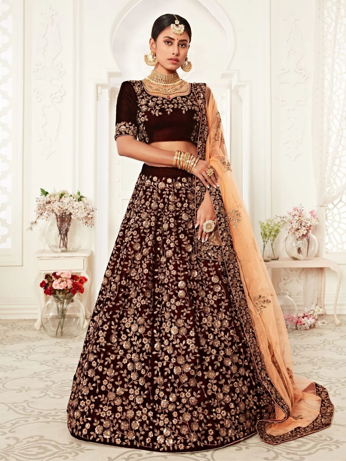Odette Maroon Velvet Embroidered Semi Stitched Lehenga With Unstitched Blouse For Women - Image 2