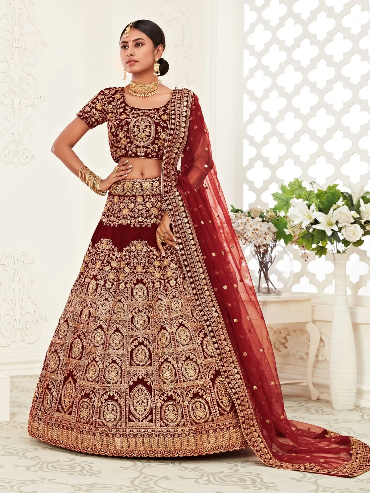 Odette Maroon Velvet Embroidered Semi Stitched Lehenga With Unstitched Blouse For Women - Image 2
