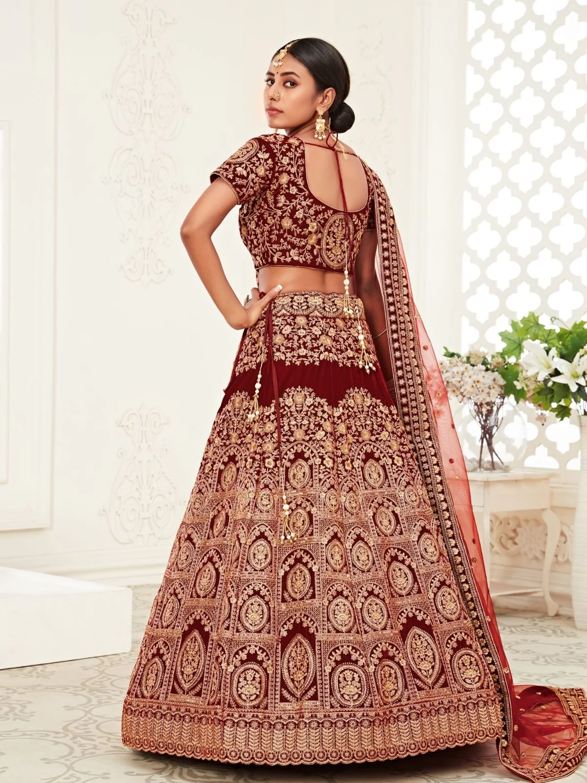 Odette Maroon Velvet Embroidered Semi Stitched Lehenga With Unstitched Blouse For Women - Image 3