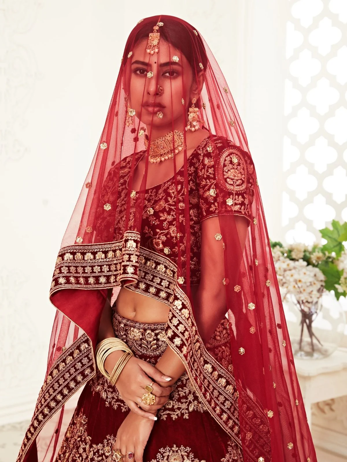 Odette Maroon Velvet Embroidered Semi Stitched Lehenga With Unstitched Blouse For Women - Image 4
