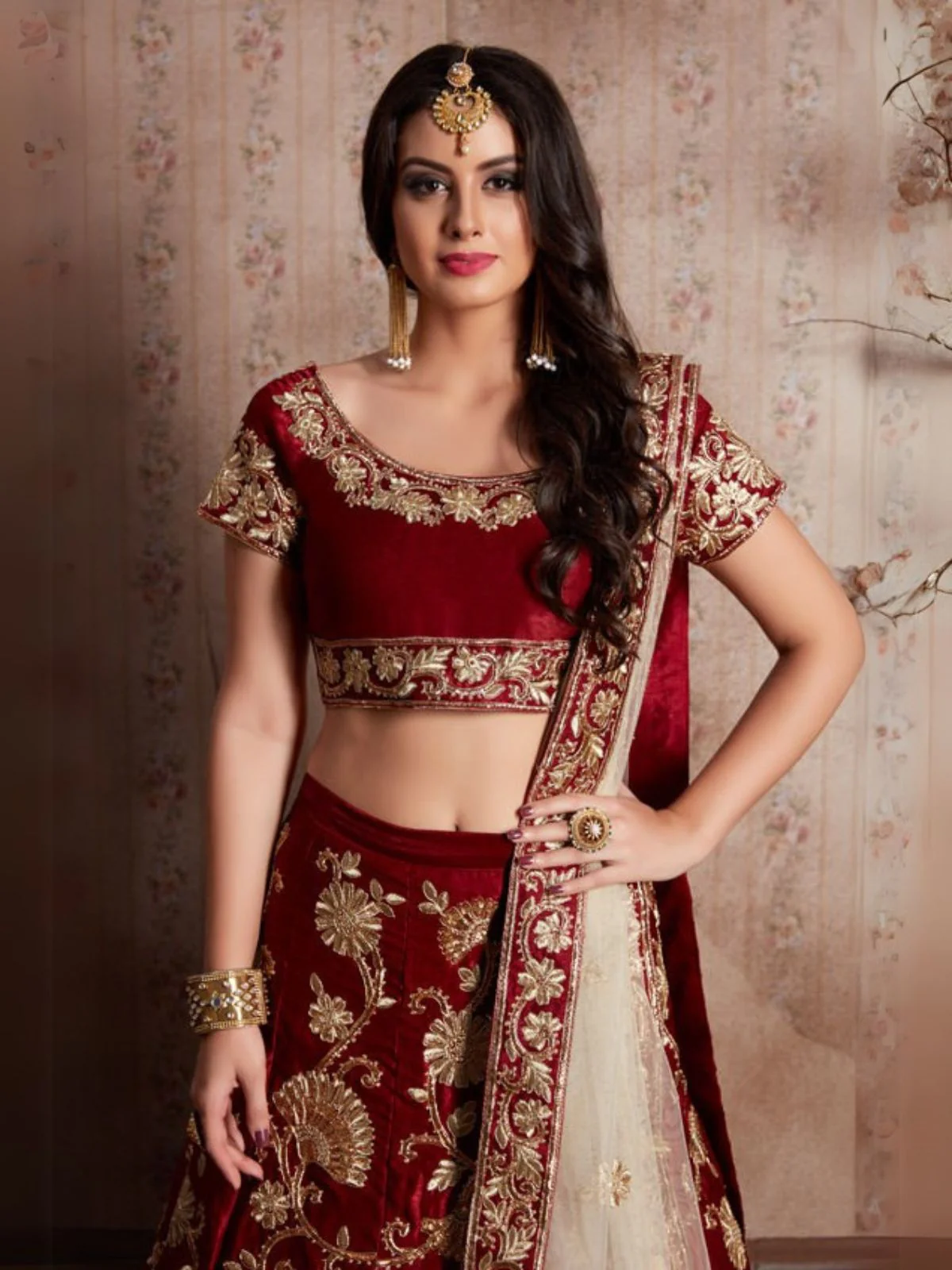 Odette Maroon Velvet  Embroidered  Semi-Stitched Lehenga With Unstitched Blouse For Women - Image 4