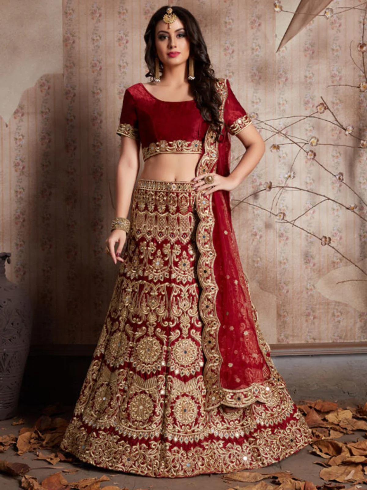 Odette Maroon Velvet Embroidered Semi-Stitched Lehenga With Unstitched Blouse For Women - Image 2