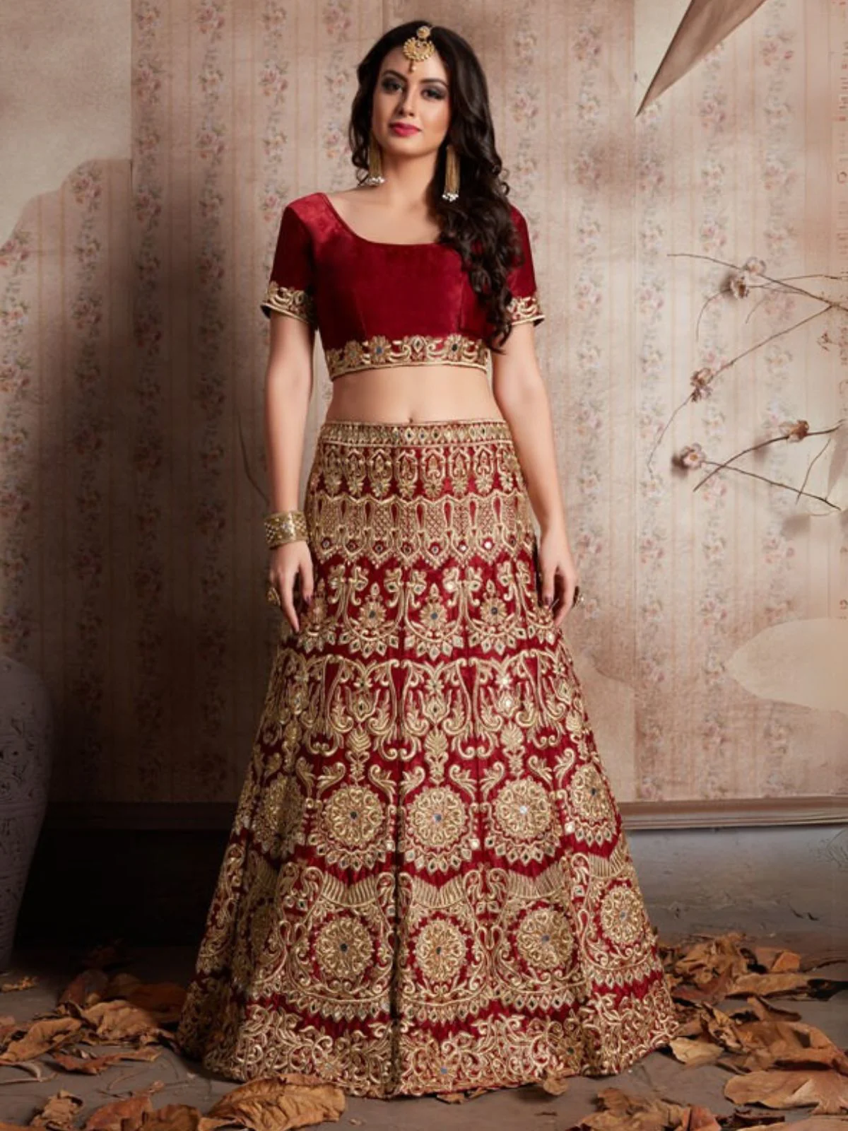 Odette Maroon Velvet Embroidered Semi-Stitched Lehenga With Unstitched Blouse For Women - Image 3