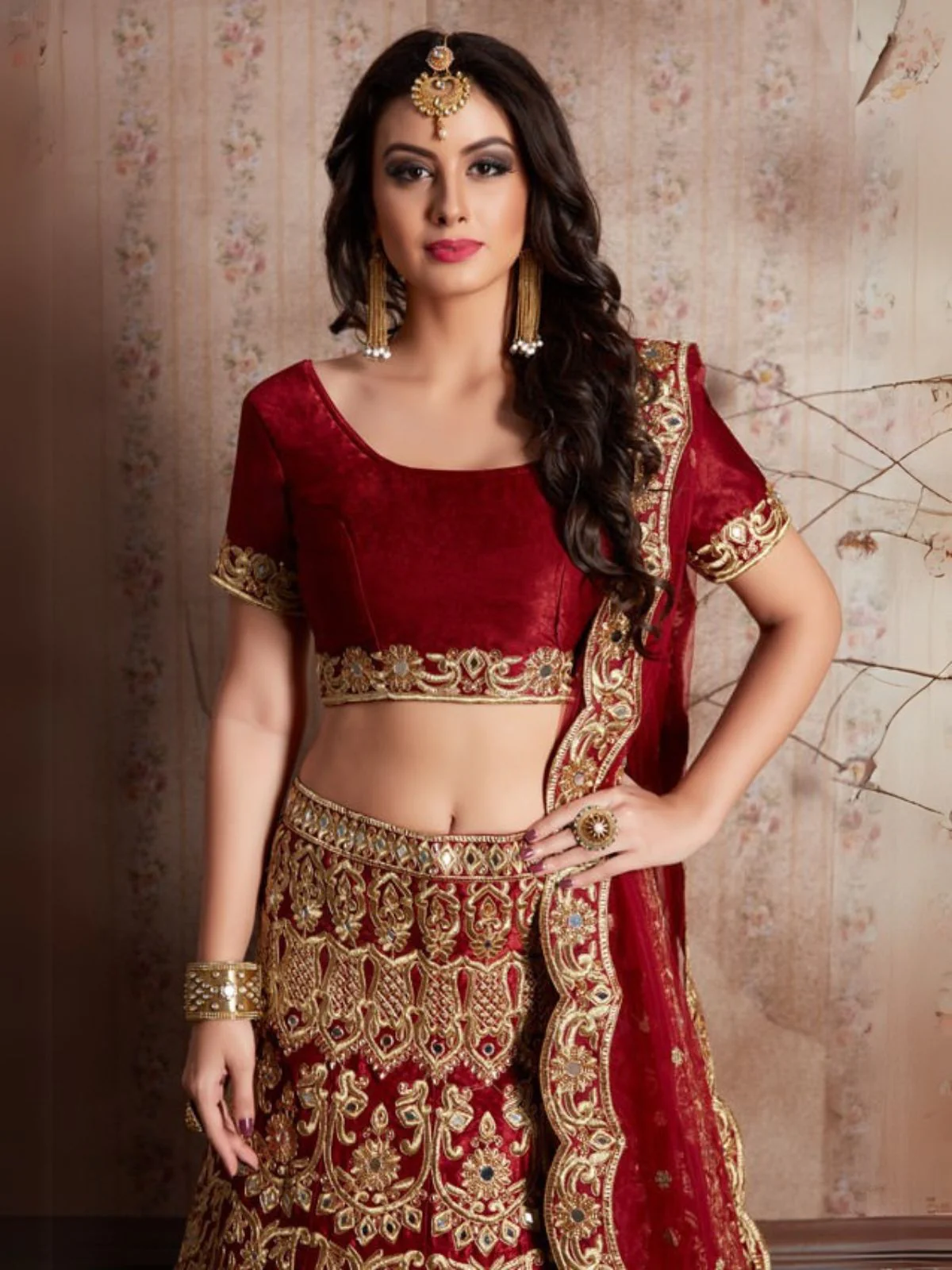 Odette Maroon Velvet Embroidered Semi-Stitched Lehenga With Unstitched Blouse For Women - Image 4