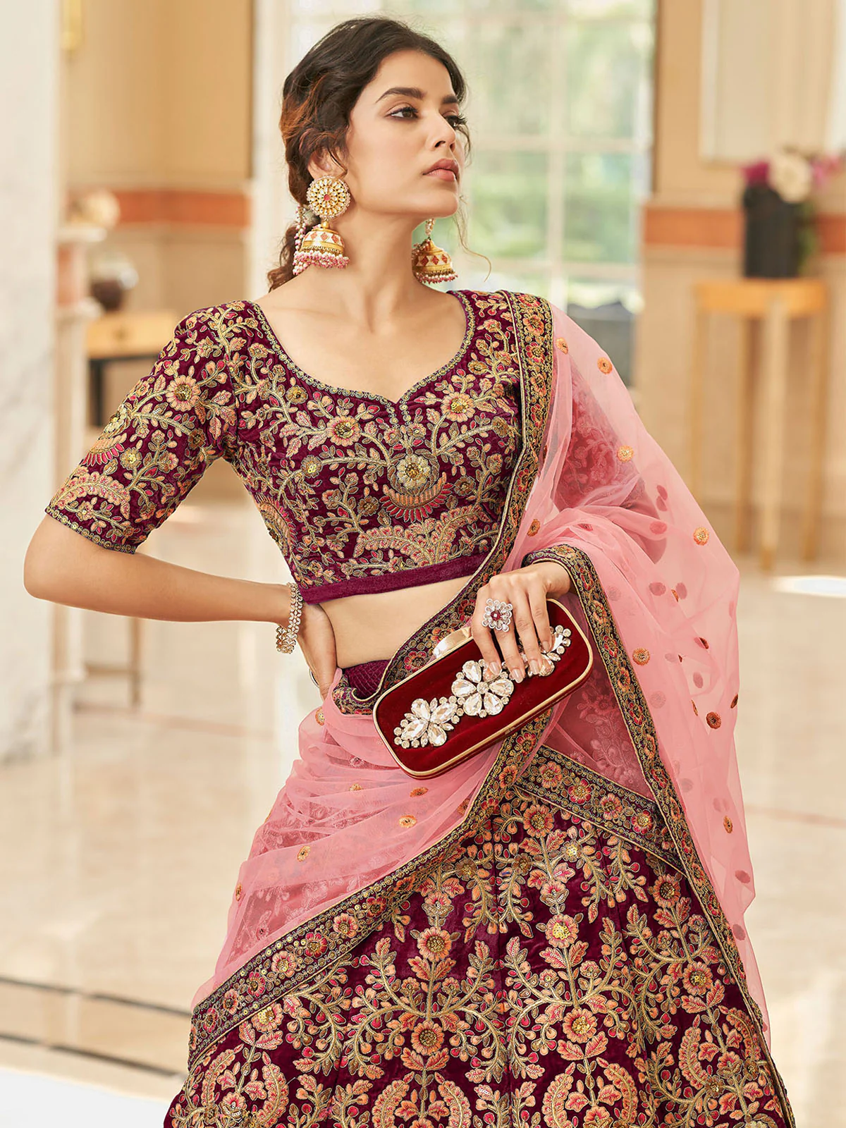 Odette Maroon Velvet Embroidered Semi Stitched Lehenga With Unstitched Blouse For Women - Image 3