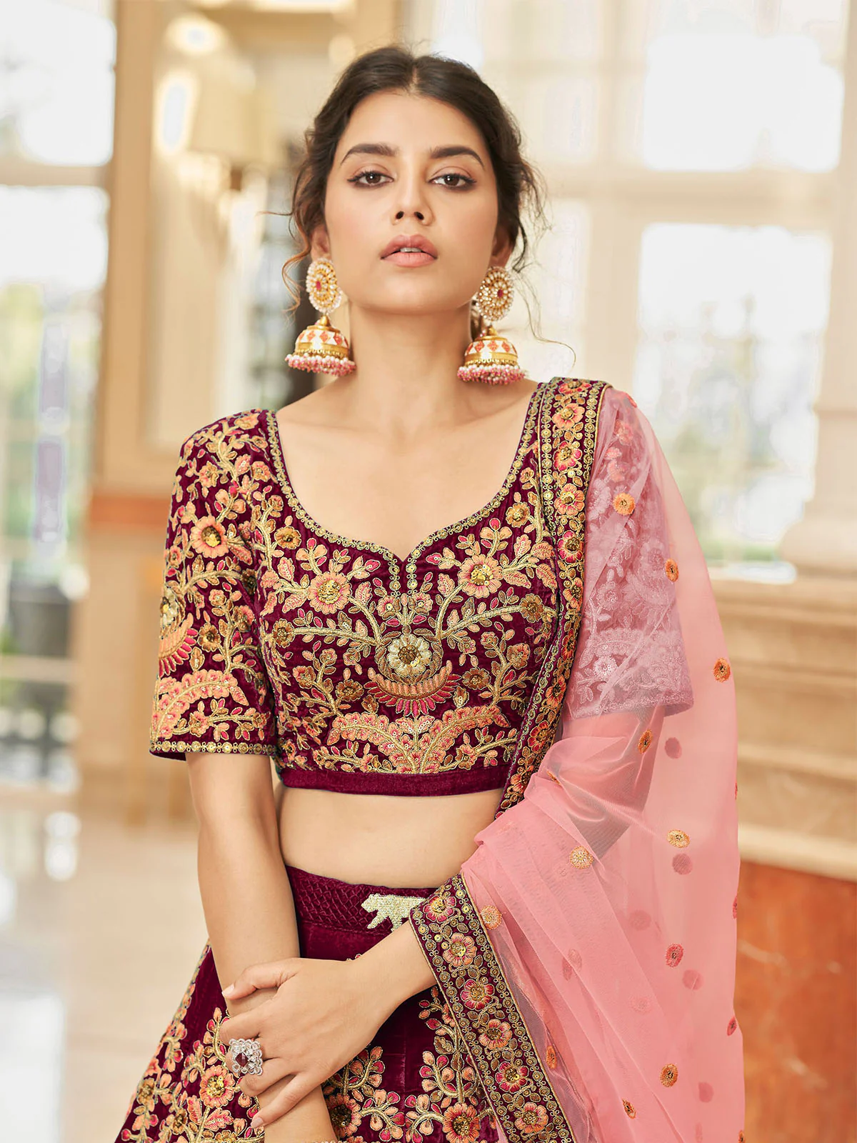 Odette Maroon Velvet Embroidered Semi Stitched Lehenga With Unstitched Blouse For Women - Image 4