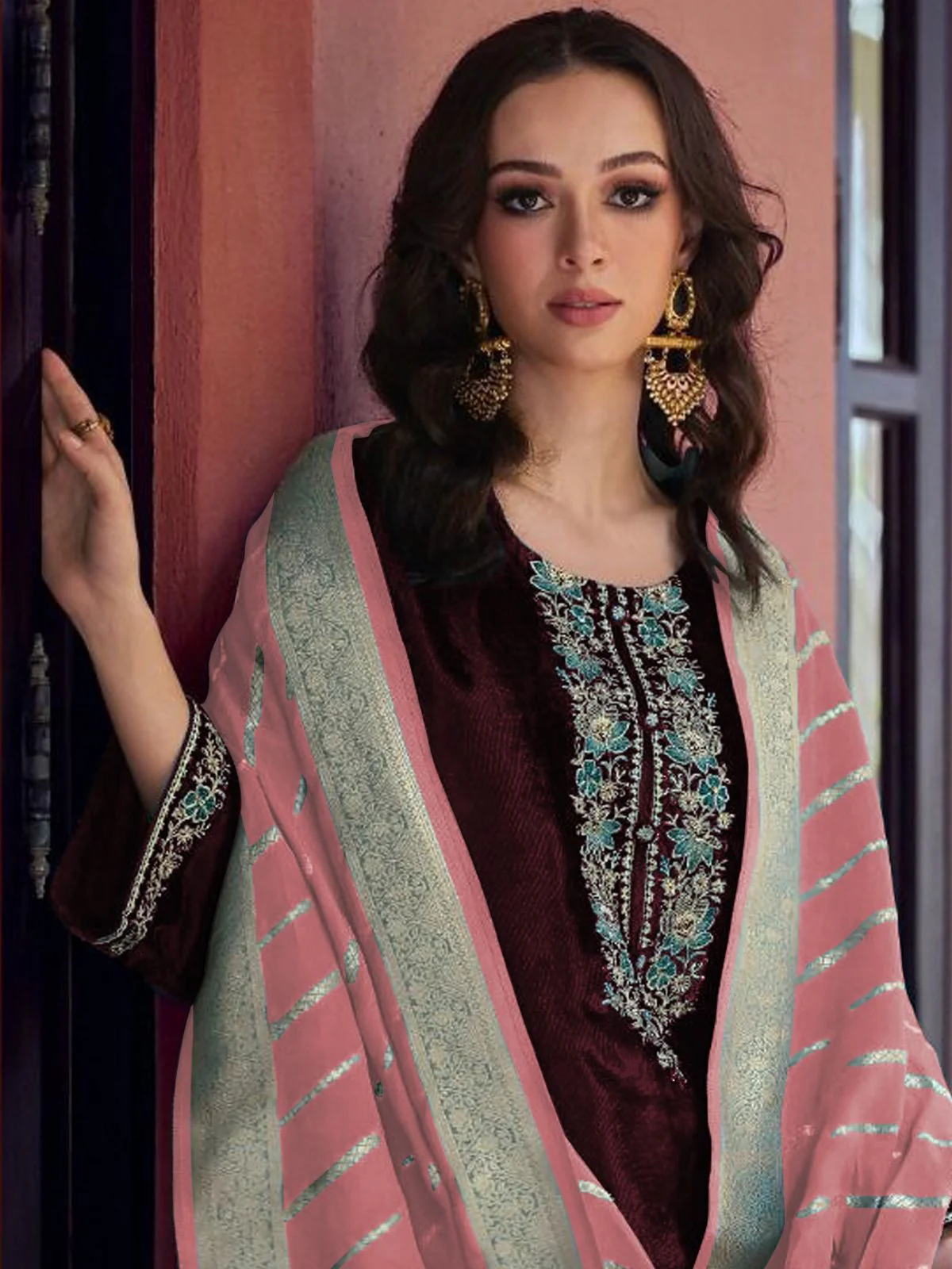 Odette Maroon Velvet Embroidery Semi-Stitched Kurta Set For Women - Image 2