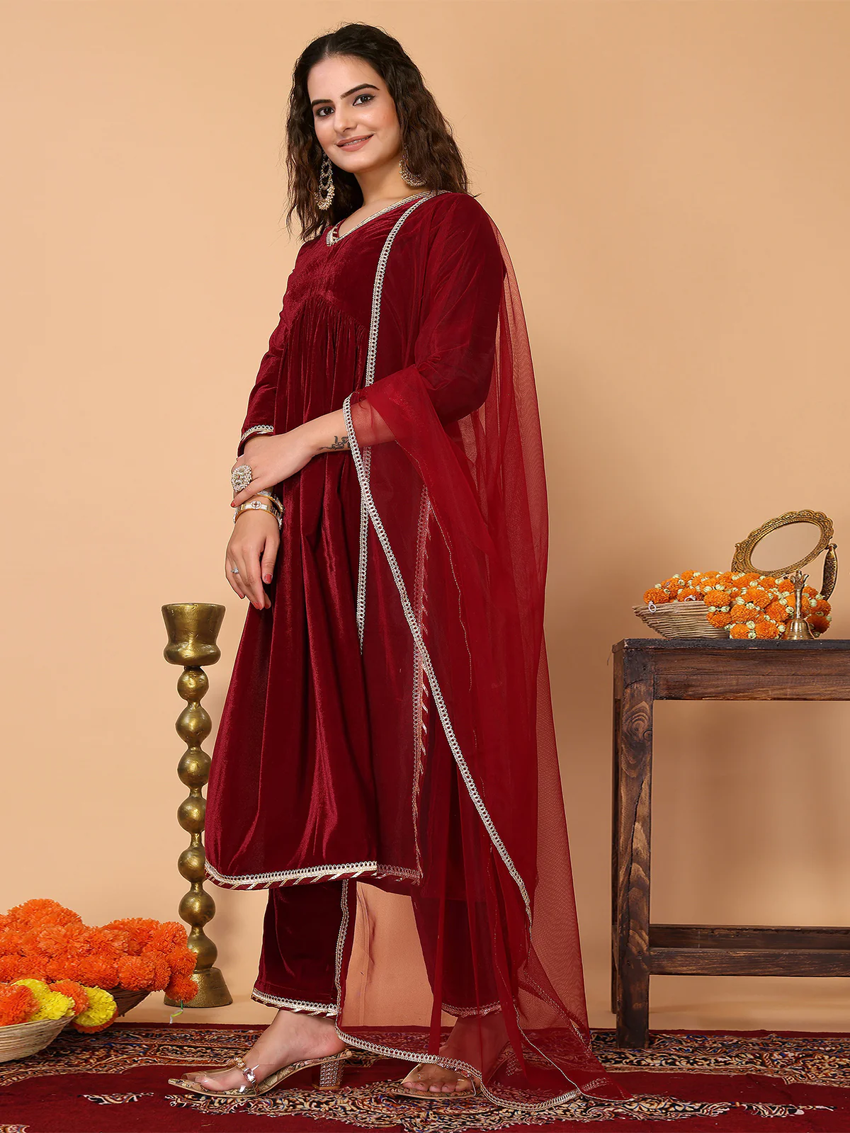 Odette Maroon Velvet Solid Stitched Kurta Set For Women - Image 2