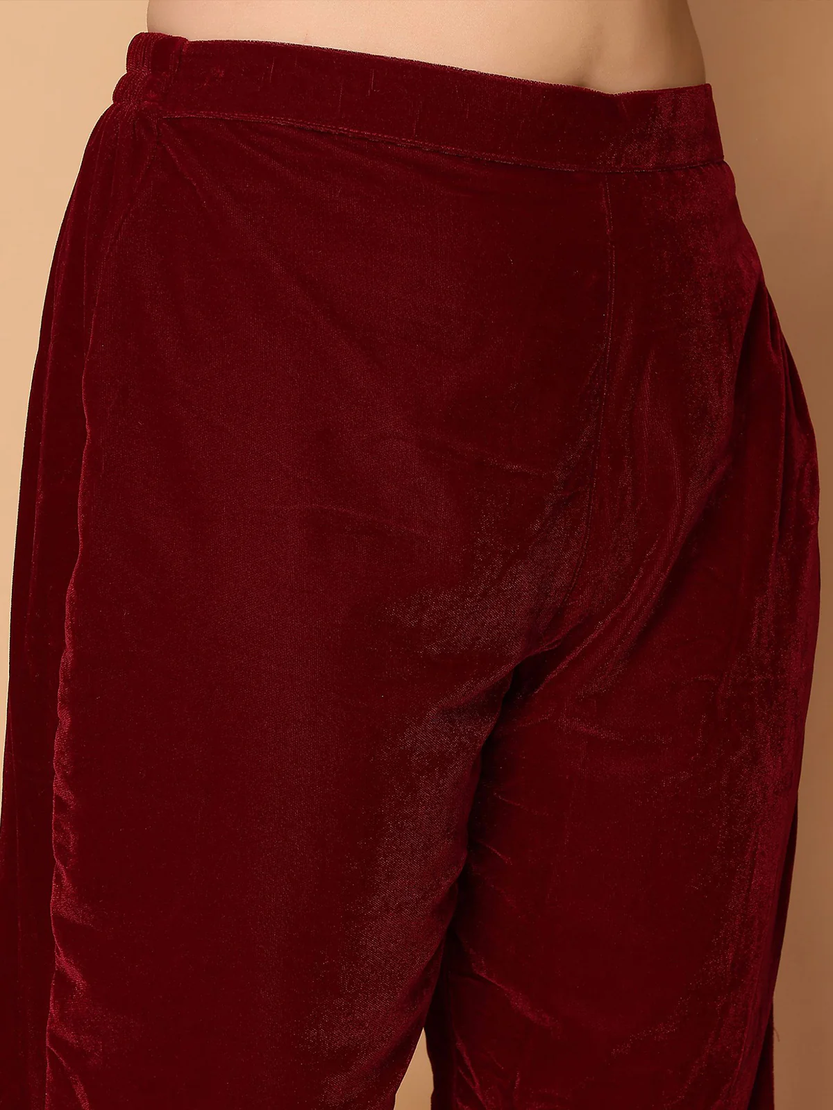 Odette Maroon Velvet Solid Stitched Kurta Set For Women - Image 6