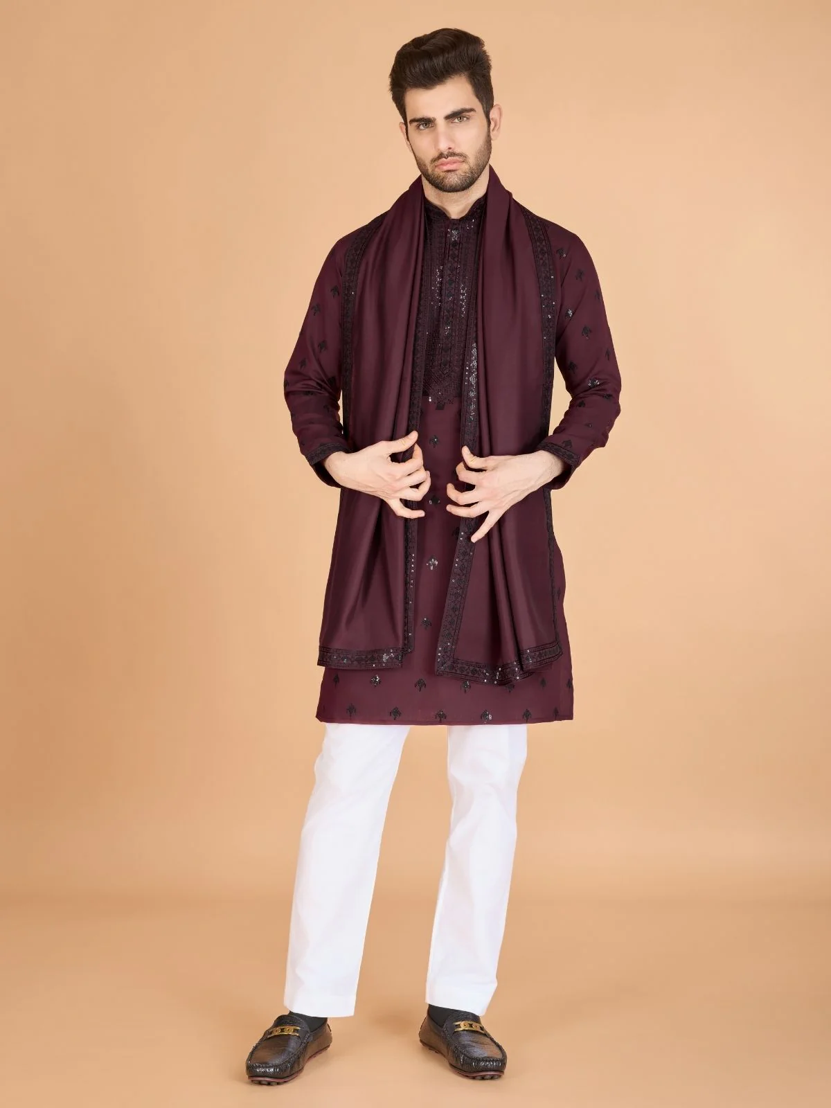 Odette Maroon Viscose Silk Embellished Stitched Kurta For Men - Image 2
