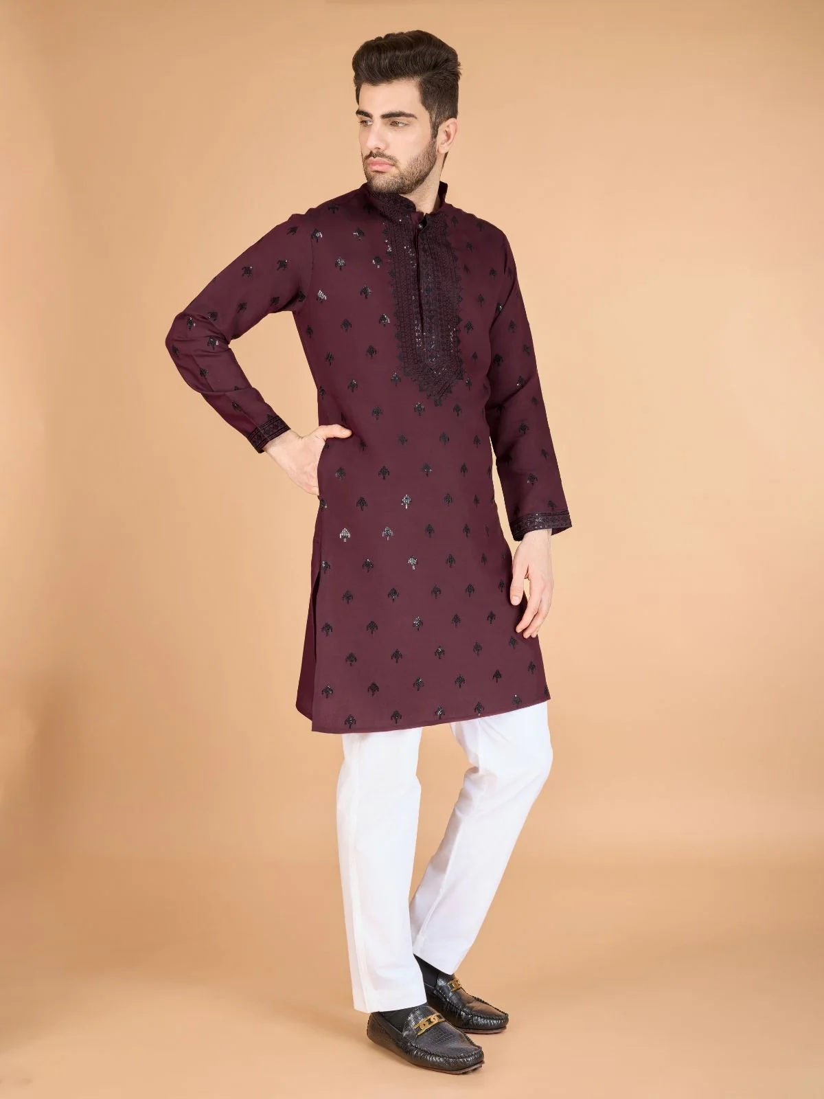 Odette Maroon Viscose Silk Embellished Stitched Kurta For Men - Image 3