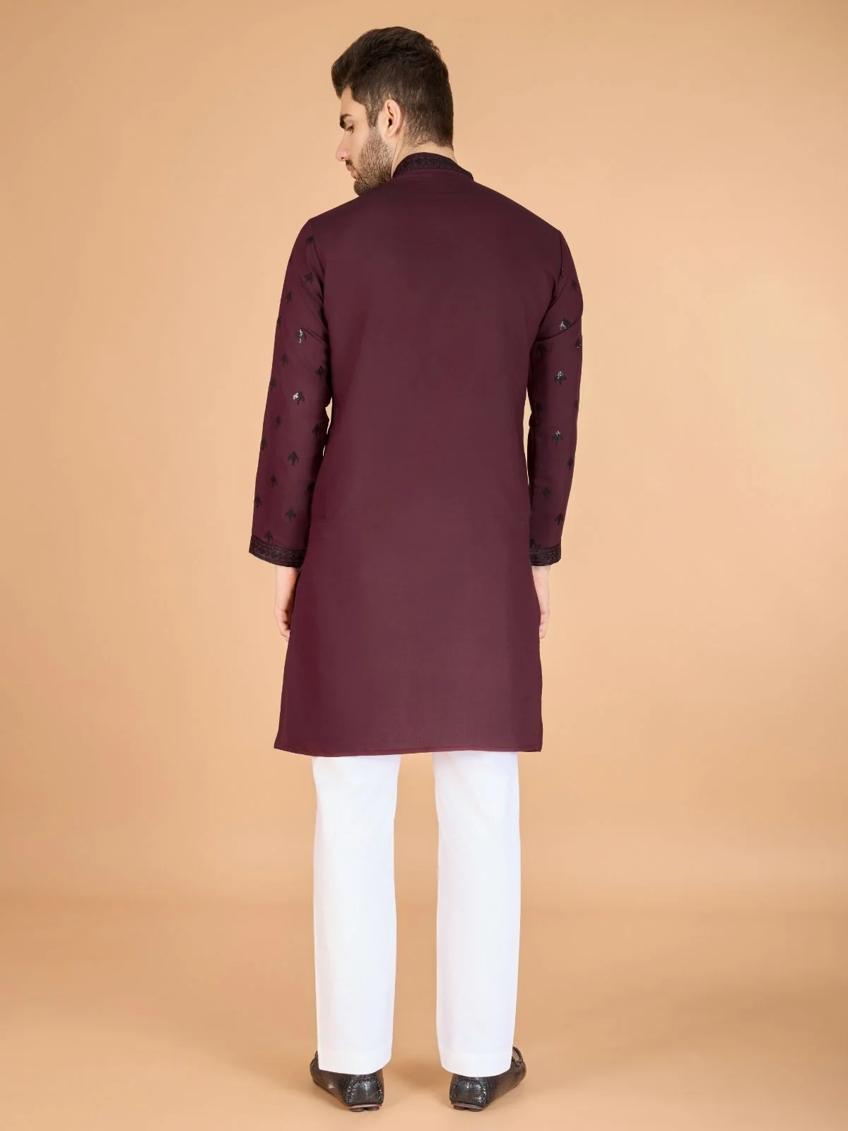 Odette Maroon Viscose Silk Embellished Stitched Kurta For Men - Image 4