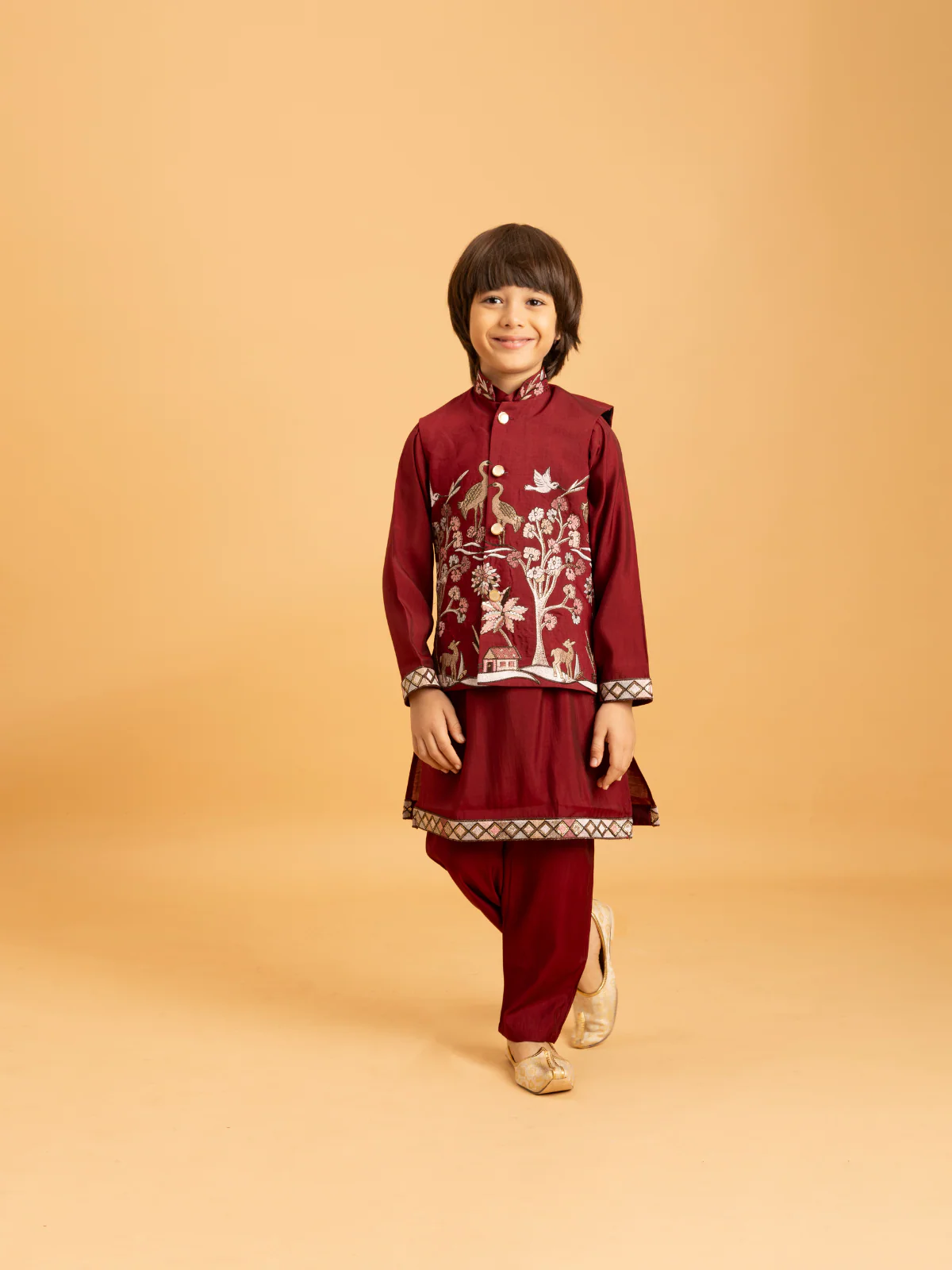 Odette Maroon Viscose Silk Embroidered Stitched Kurta Set For Kids - Image 2
